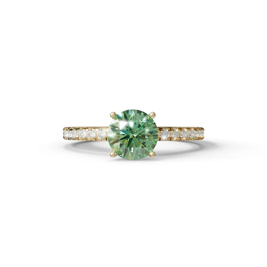 1.5 Carat Green Round Lab Diamond Ring - Classic Pave Set Ring - 10K Solid Gold / Yellow Gold