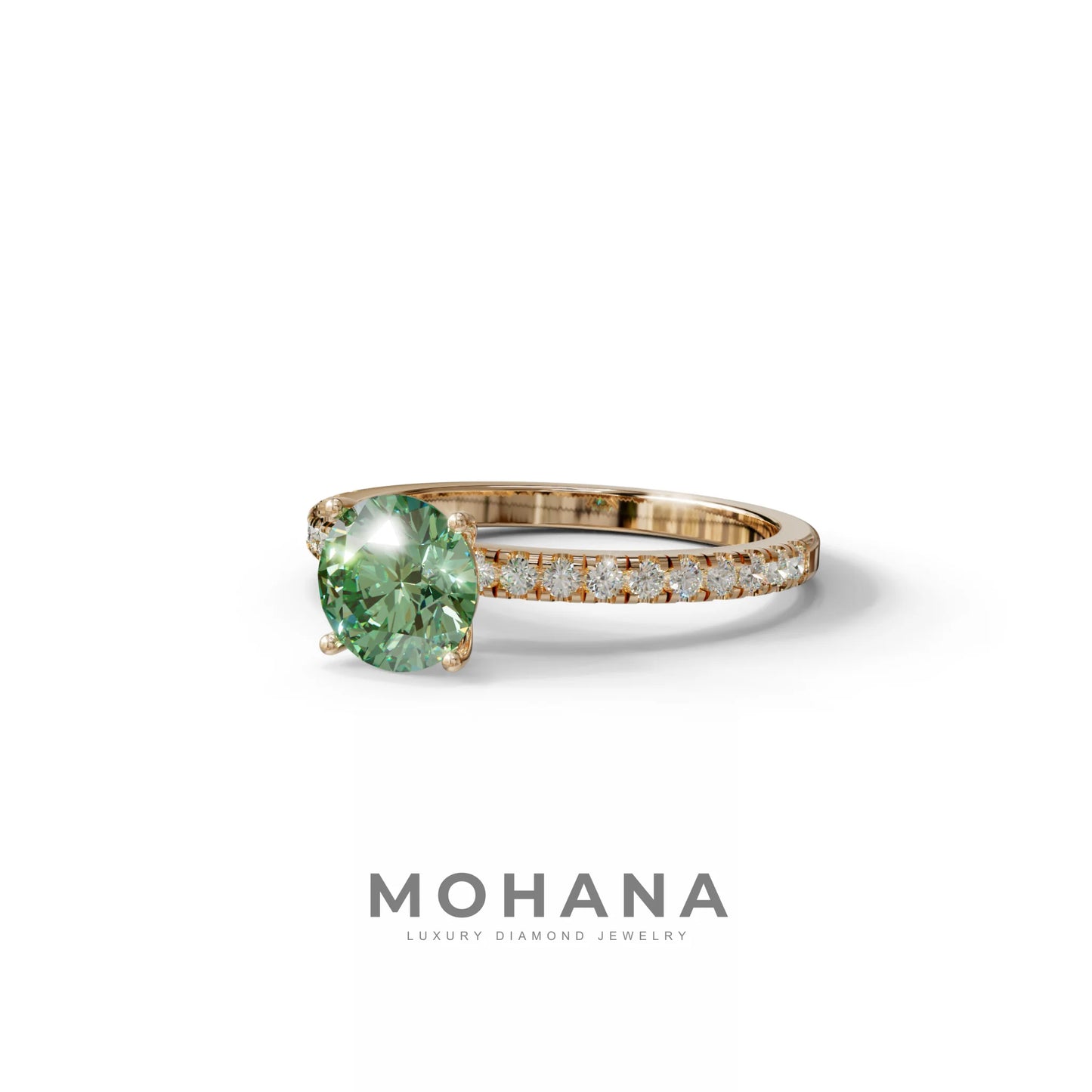1.5 Carat Green Round Lab Diamond Ring - Classic Pave Set Ring