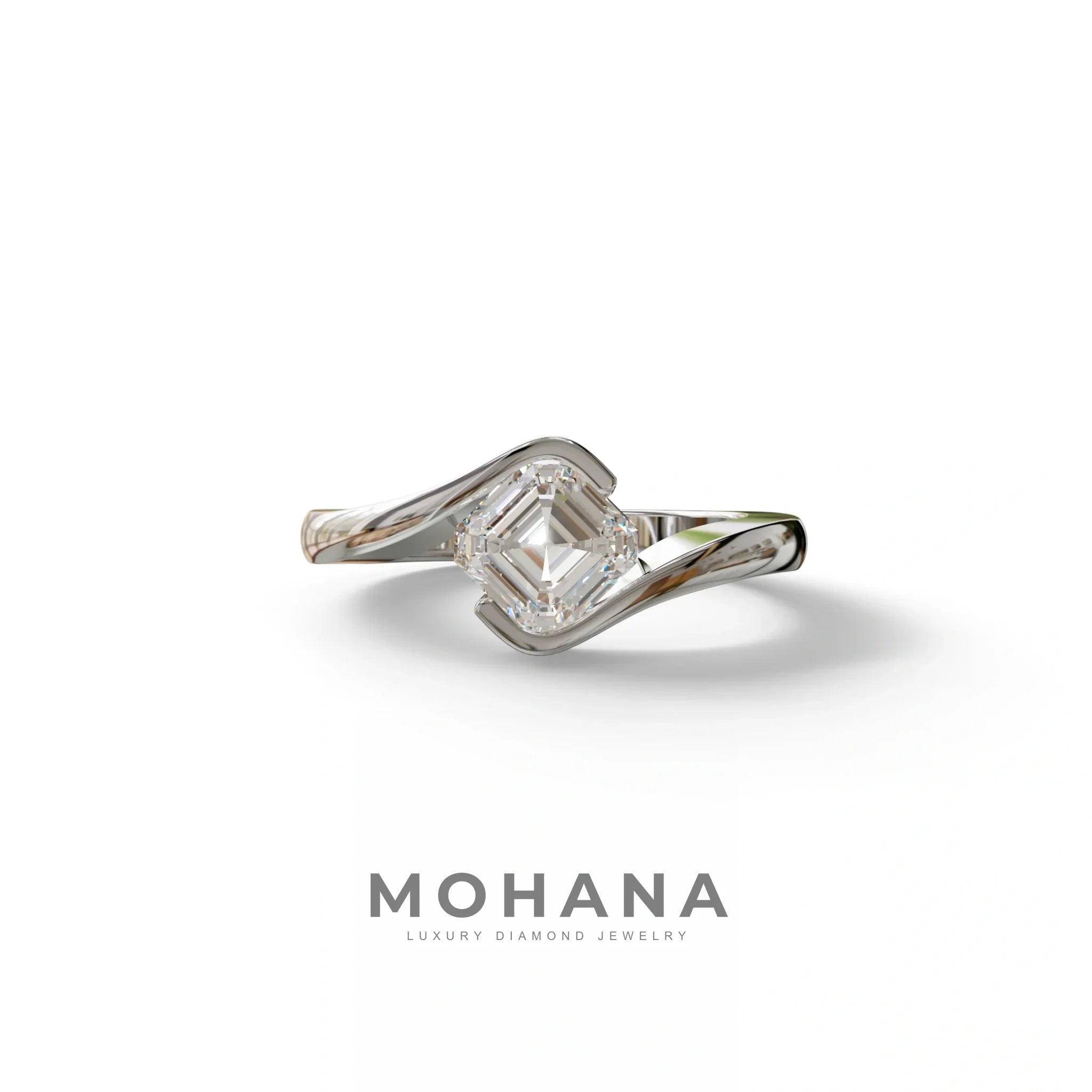 1.5 Carat E VVS Asscher Cut Half Bezel Lab Grown Diamond Ring - Aquarius - 10K Solid Gold / White Gold
