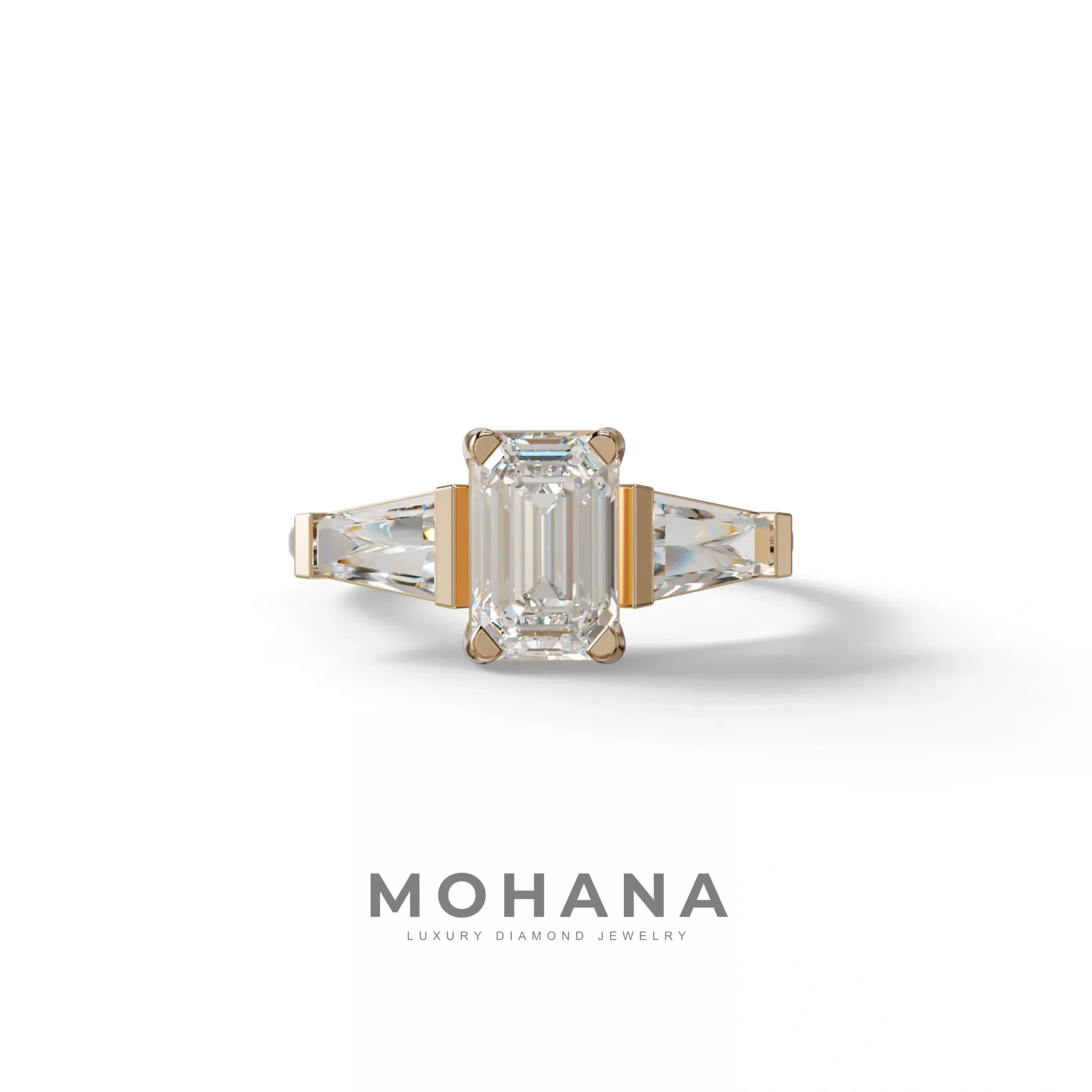 1.50 Carat E VVS Emerald With Tapered Cut Lab Grown Diamond Ring - Libra - 10K Solid Gold / Rose Gold