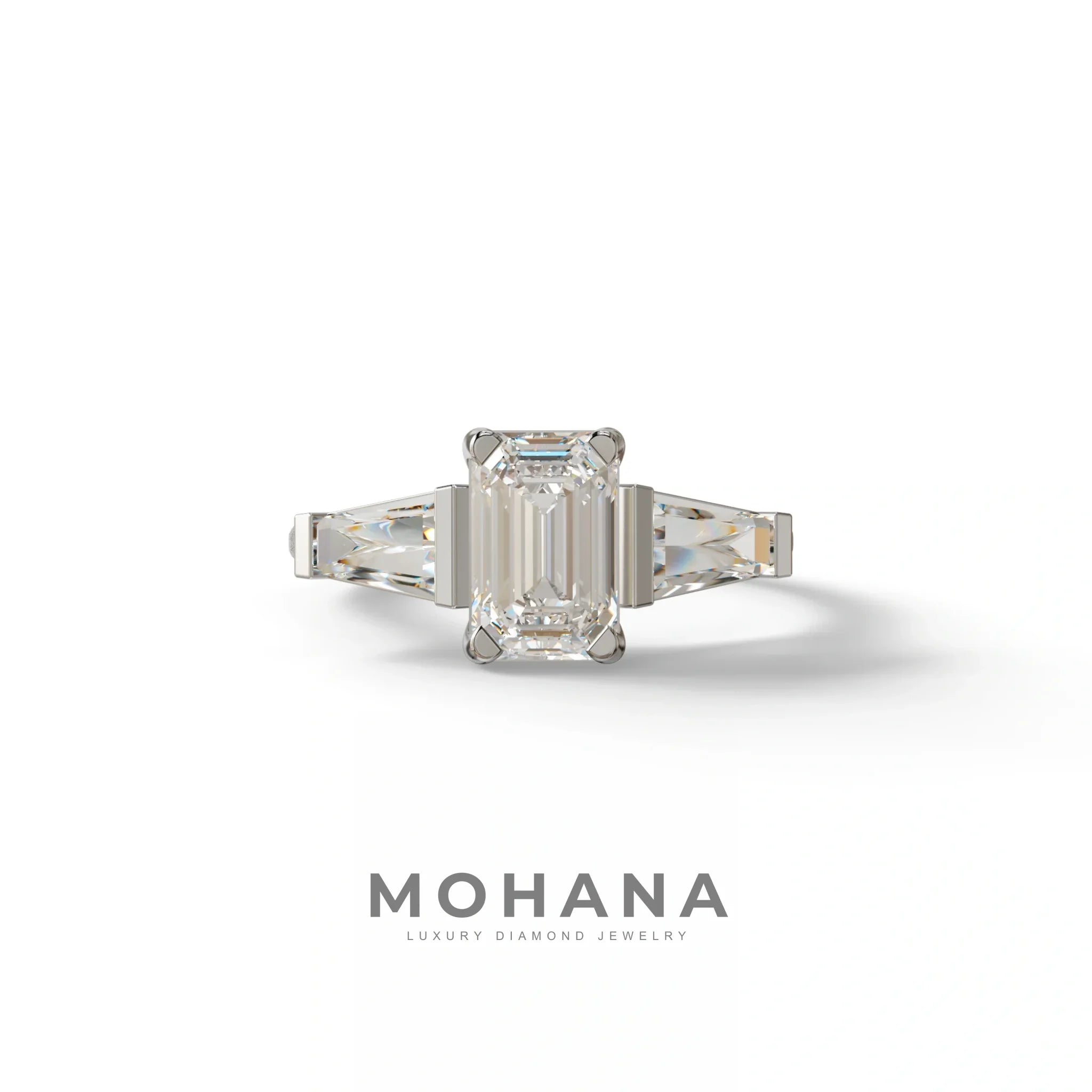 1.50 Carat E VVS Emerald With Tapered Cut Lab Grown Diamond Ring - Libra - 10K Solid Gold / White Gold
