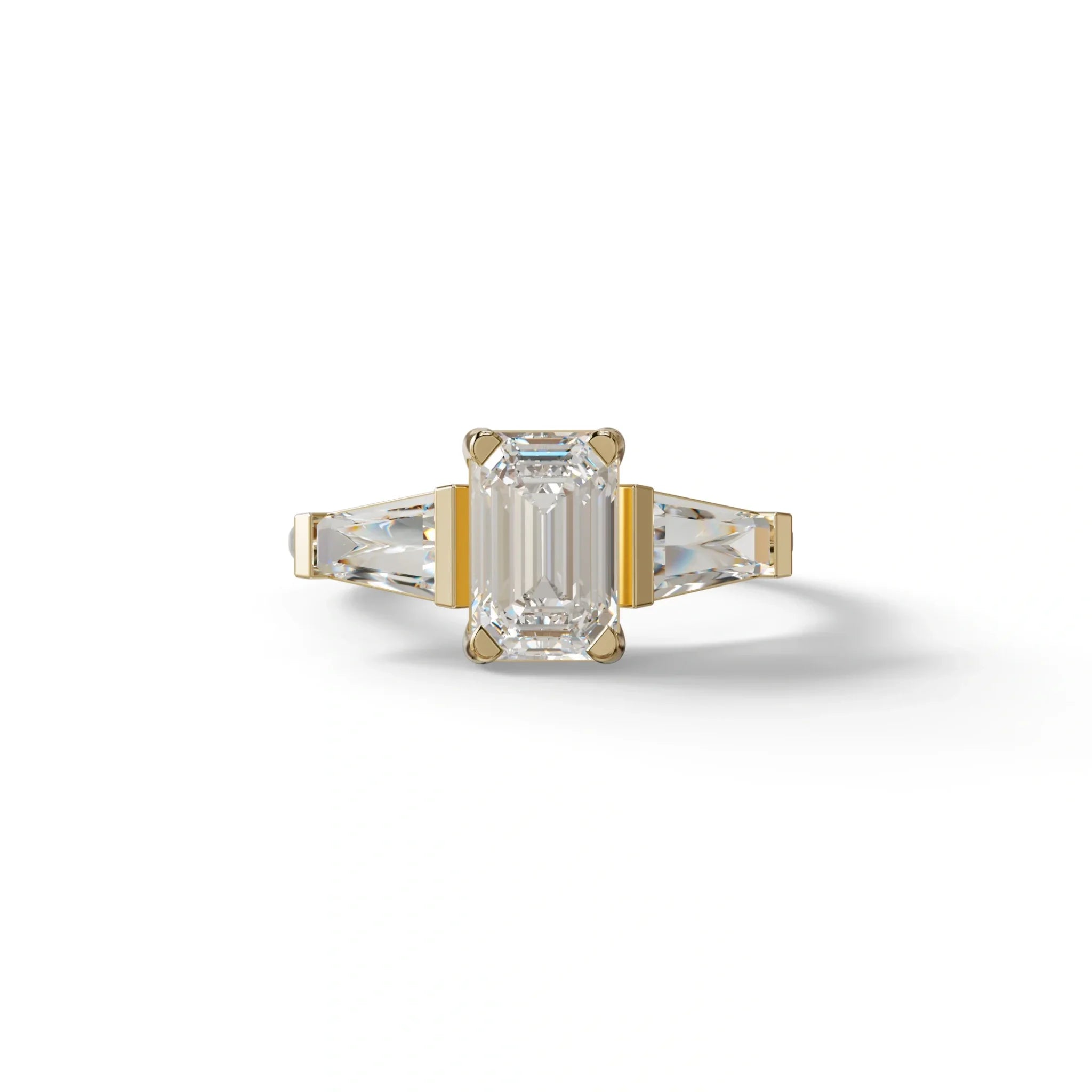 1.50 Carat E VVS Emerald With Tapered Cut Lab Grown Diamond Ring - Libra - 10K Solid Gold / Yellow Gold