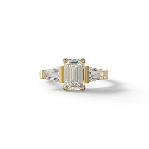 1.50 Carat E VVS Emerald With Tapered Cut Lab Grown Diamond Ring - Libra - 10K Solid Gold / Yellow Gold