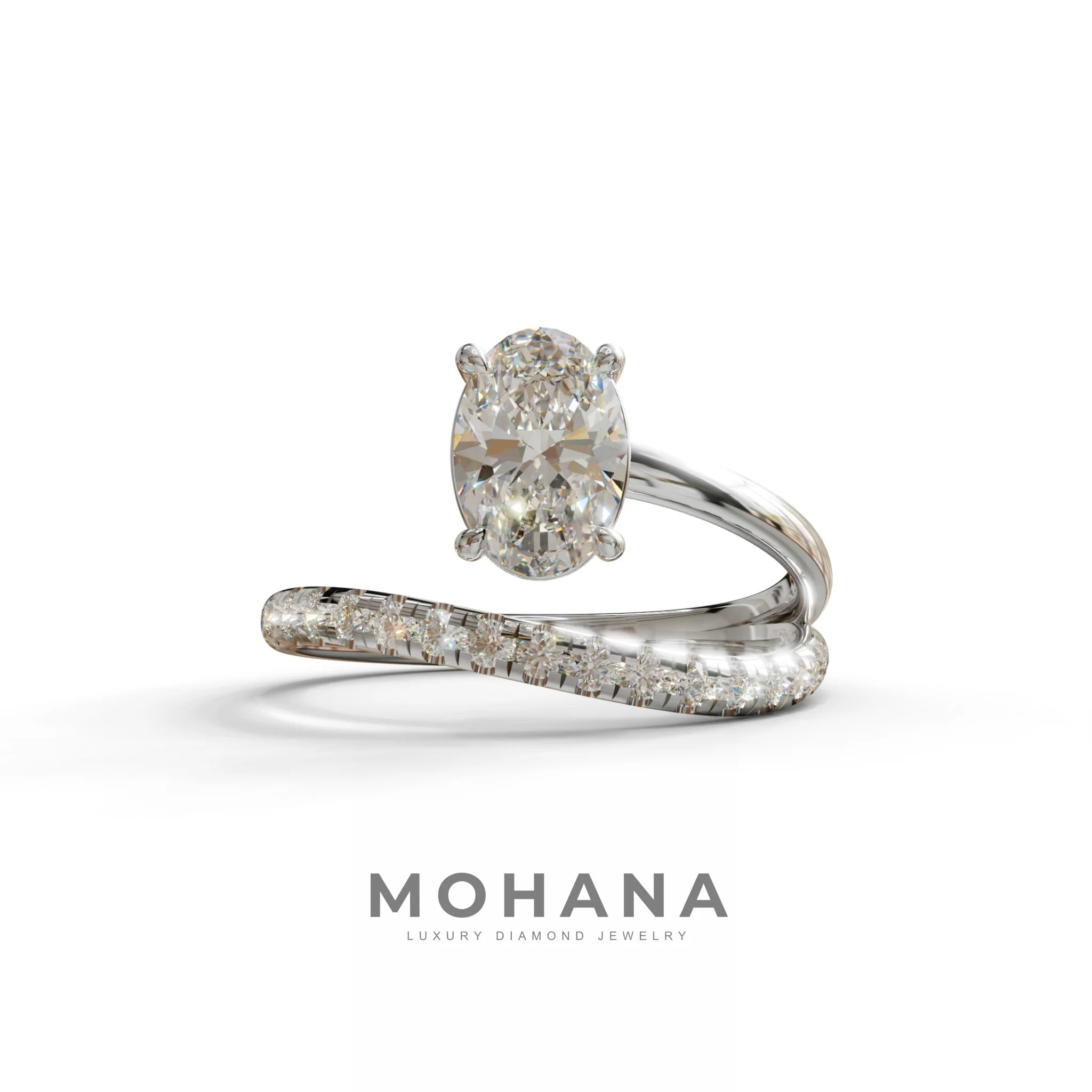 1.5 Carat S-Curve Oval Diamond Pave-set Diamond Ring - Bypass - 10K Solid Gold / White Gold