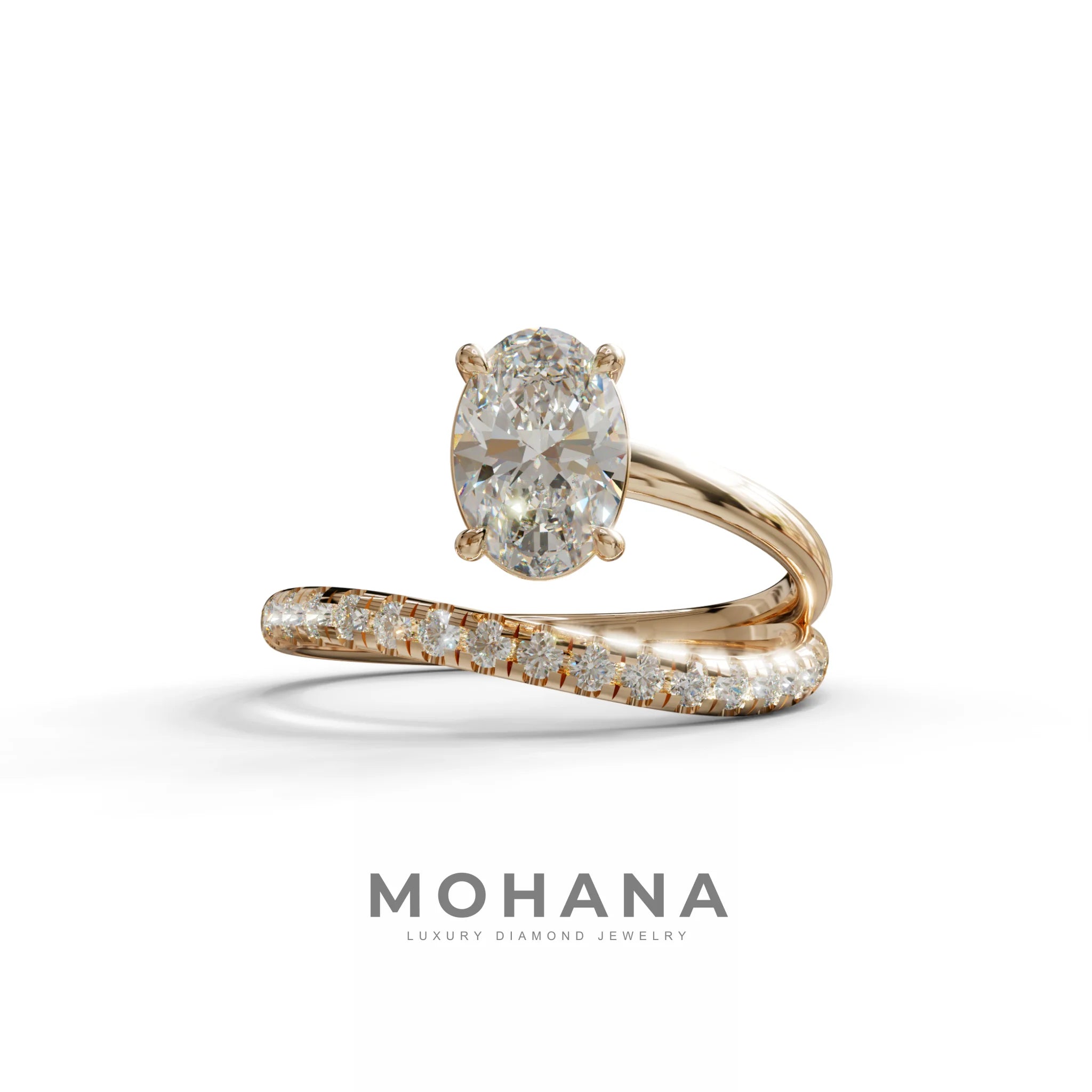 1.5 Carat S-Curve Oval Diamond Pave-set Diamond Ring - Bypass - 10K Solid Gold / Rose Gold