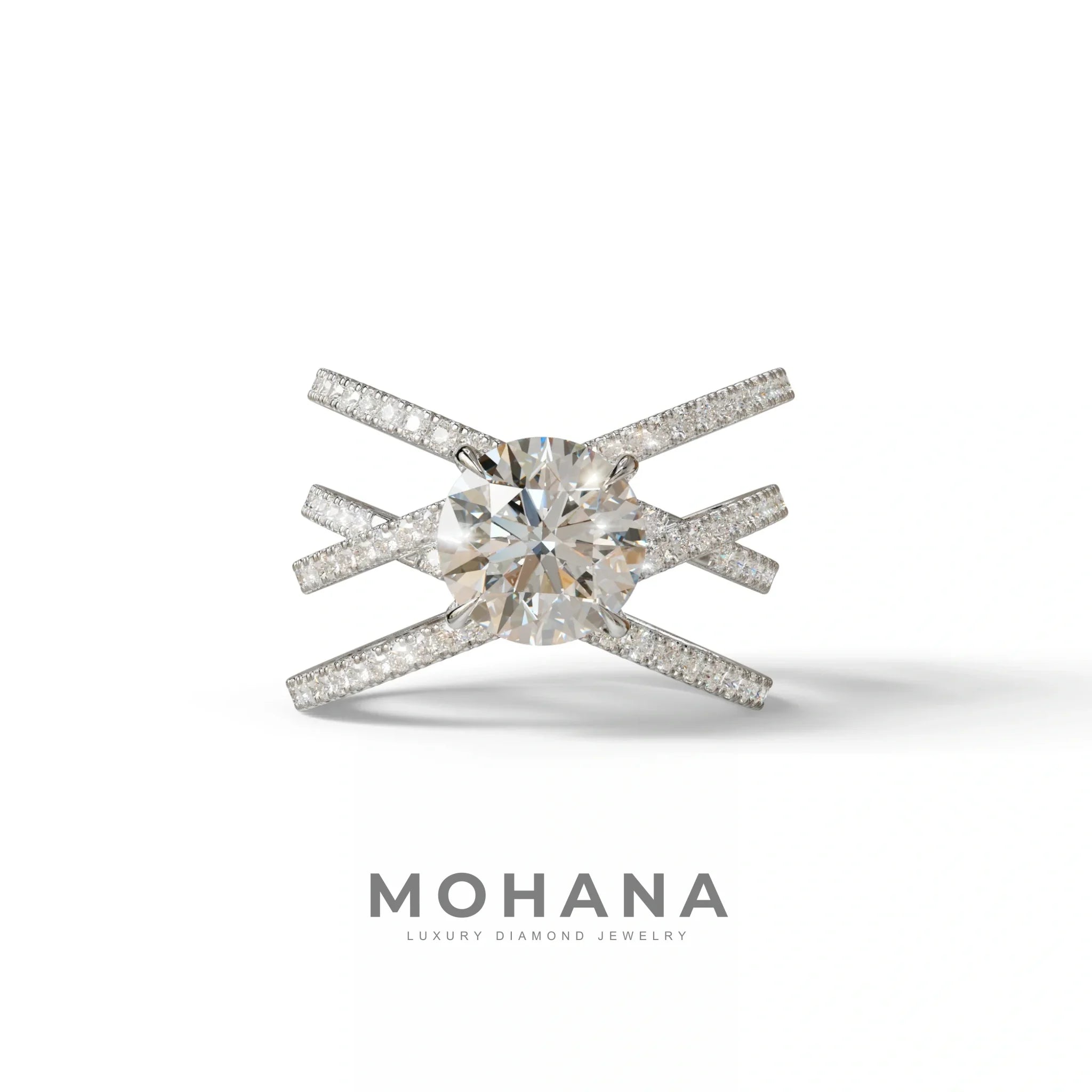 1.5 Carat Round Cut Criss Cross Lab Diamond Ring - Elegant - 10K Solid Gold / White Gold