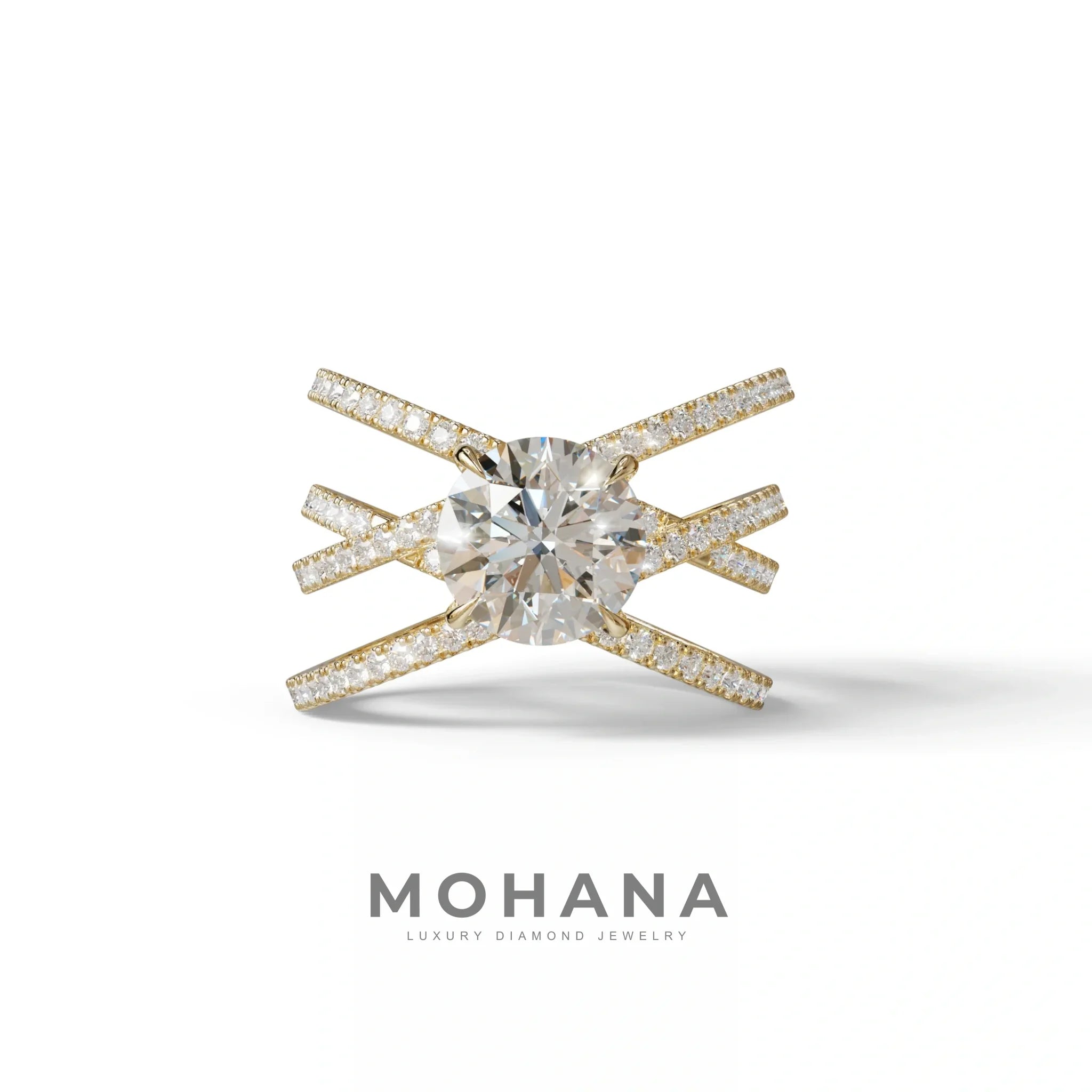 1.5 Carat Round Cut Criss Cross Lab Diamond Ring - Elegant - 10K Solid Gold / Yellow Gold
