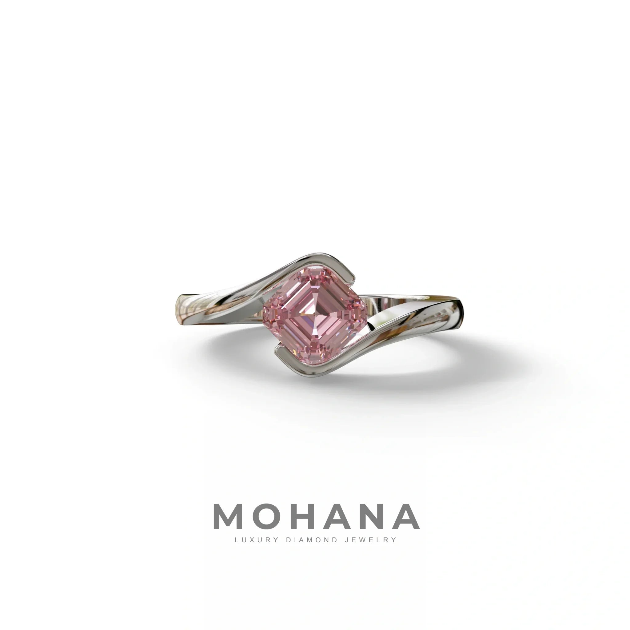 1.5 Carat Pink Asscher Cut Half Bezel Lab Grown Diamond Ring - Aquarius - 10K Solid Gold / White Gold