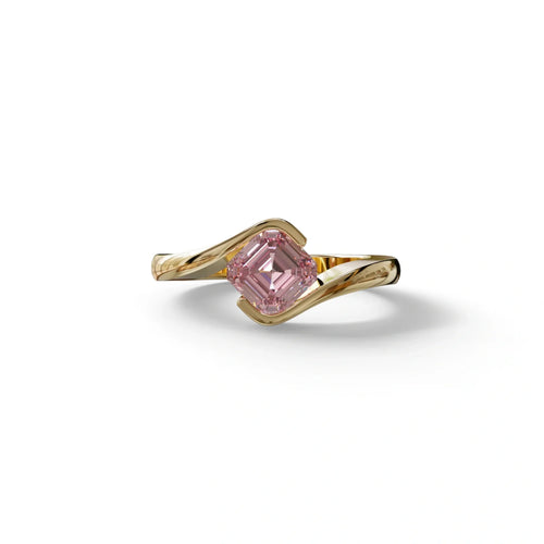 1.5 Carat Pink Asscher Cut Half Bezel Lab Grown Diamond Ring - Aquarius - 10K Solid Gold / Yellow Gold