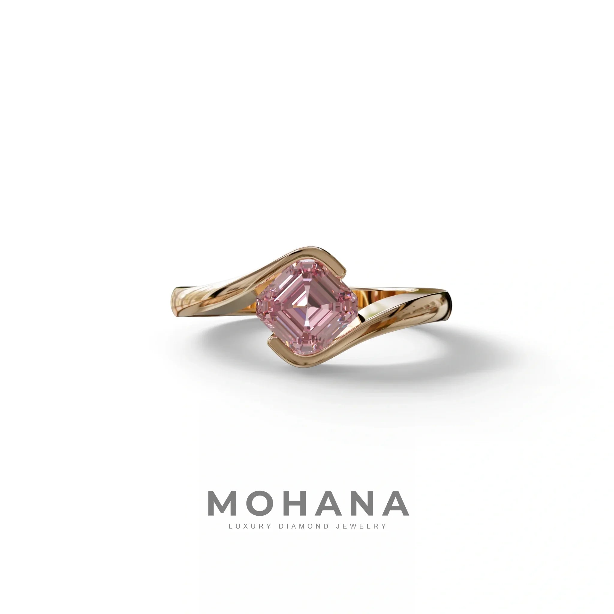1.5 Carat Pink Asscher Cut Half Bezel Lab Grown Diamond Ring - Aquarius - 10K Solid Gold / Rose Gold