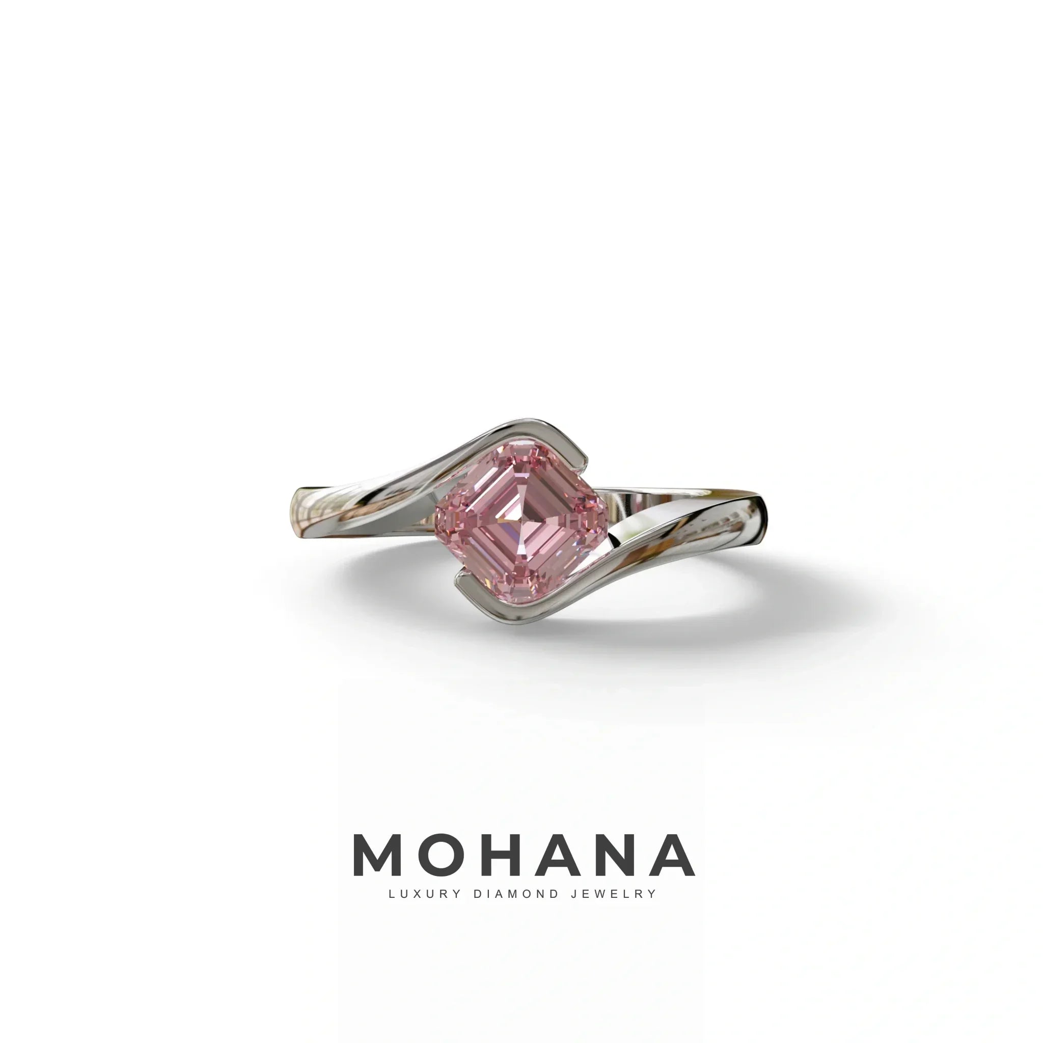 1.5 Carat Pink Asscher Cut Half Bezel Lab Grown Diamond Ring - Aquarius - 10K Solid Gold / White Gold