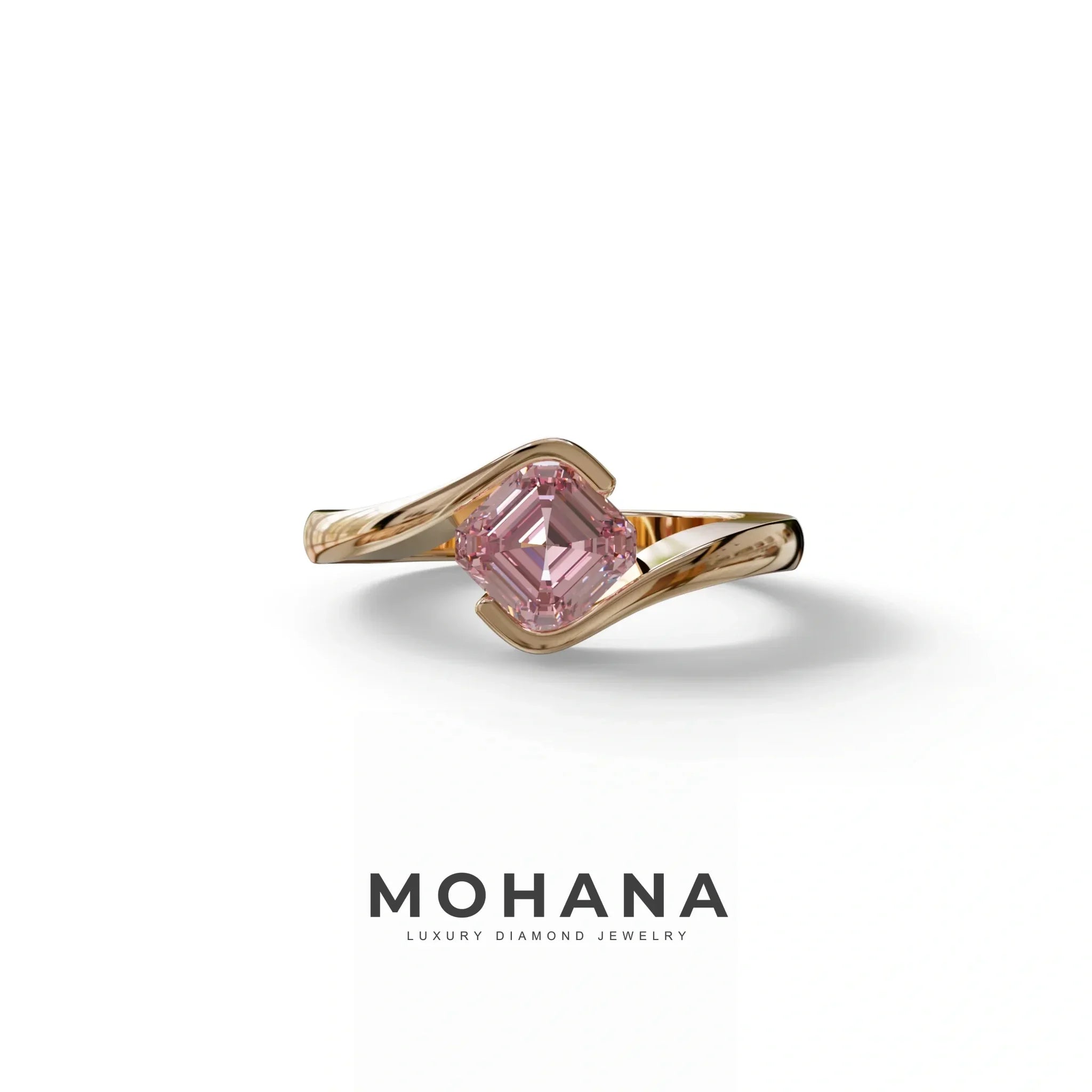 1.5 Carat Pink Asscher Cut Half Bezel Lab Grown Diamond Ring - Aquarius - 10K Solid Gold / Rose Gold