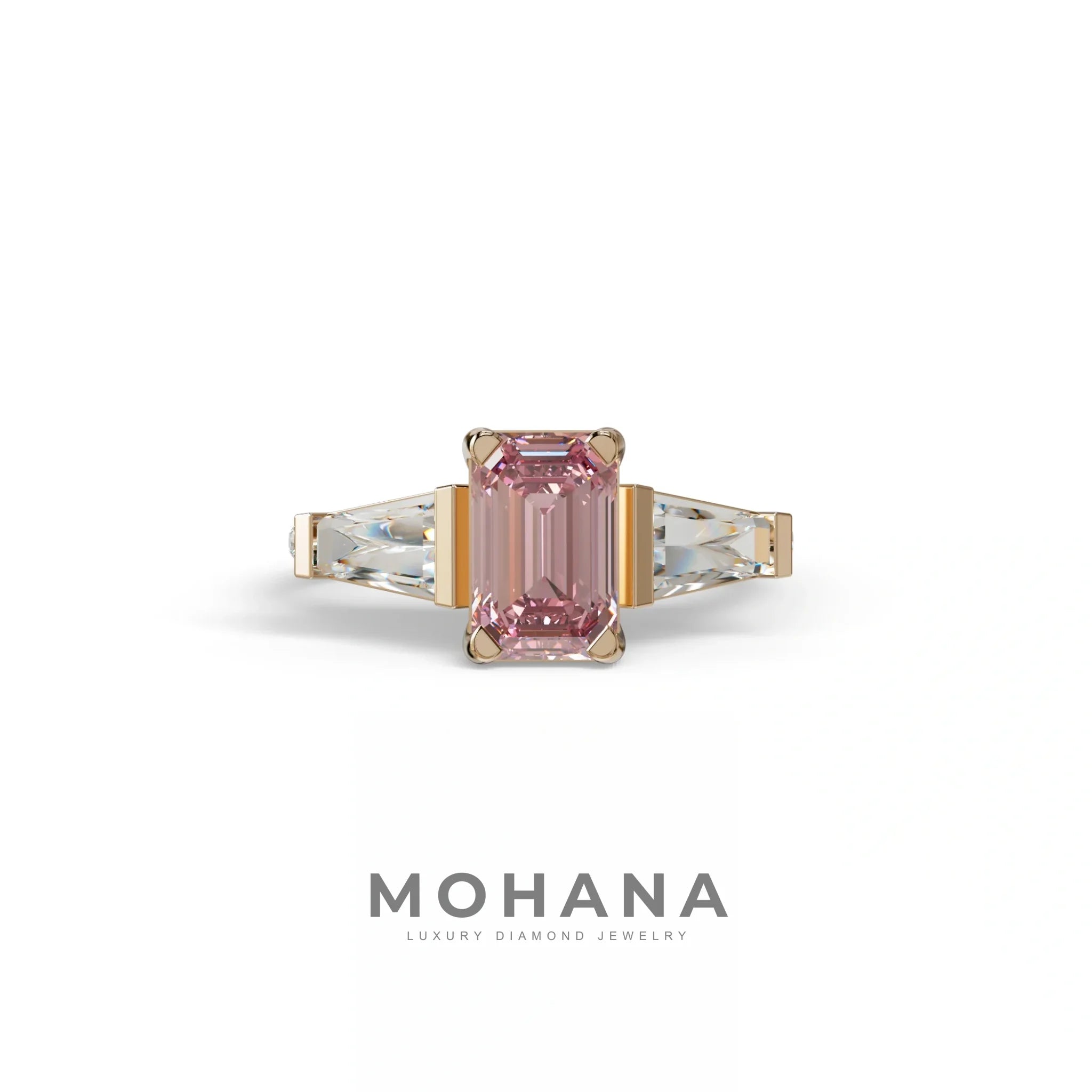 1.50 Carat Pink Emerald with Tapered Cut Lab Grown Diamond Ring - Libra - 10K Solid Gold / Rose Gold