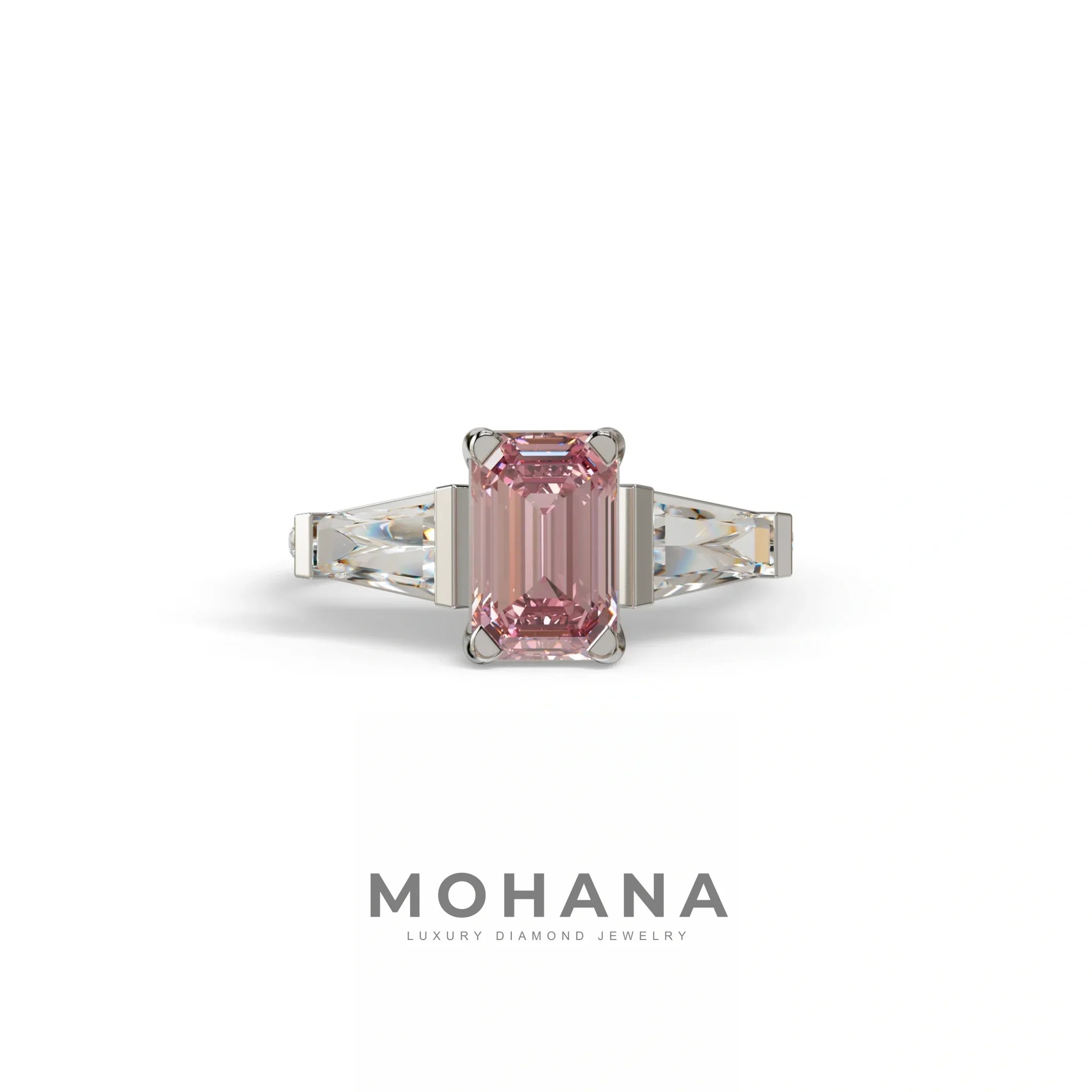 1.50 Carat Pink Emerald with Tapered Cut Lab Grown Diamond Ring - Libra - 10K Solid Gold / White Gold