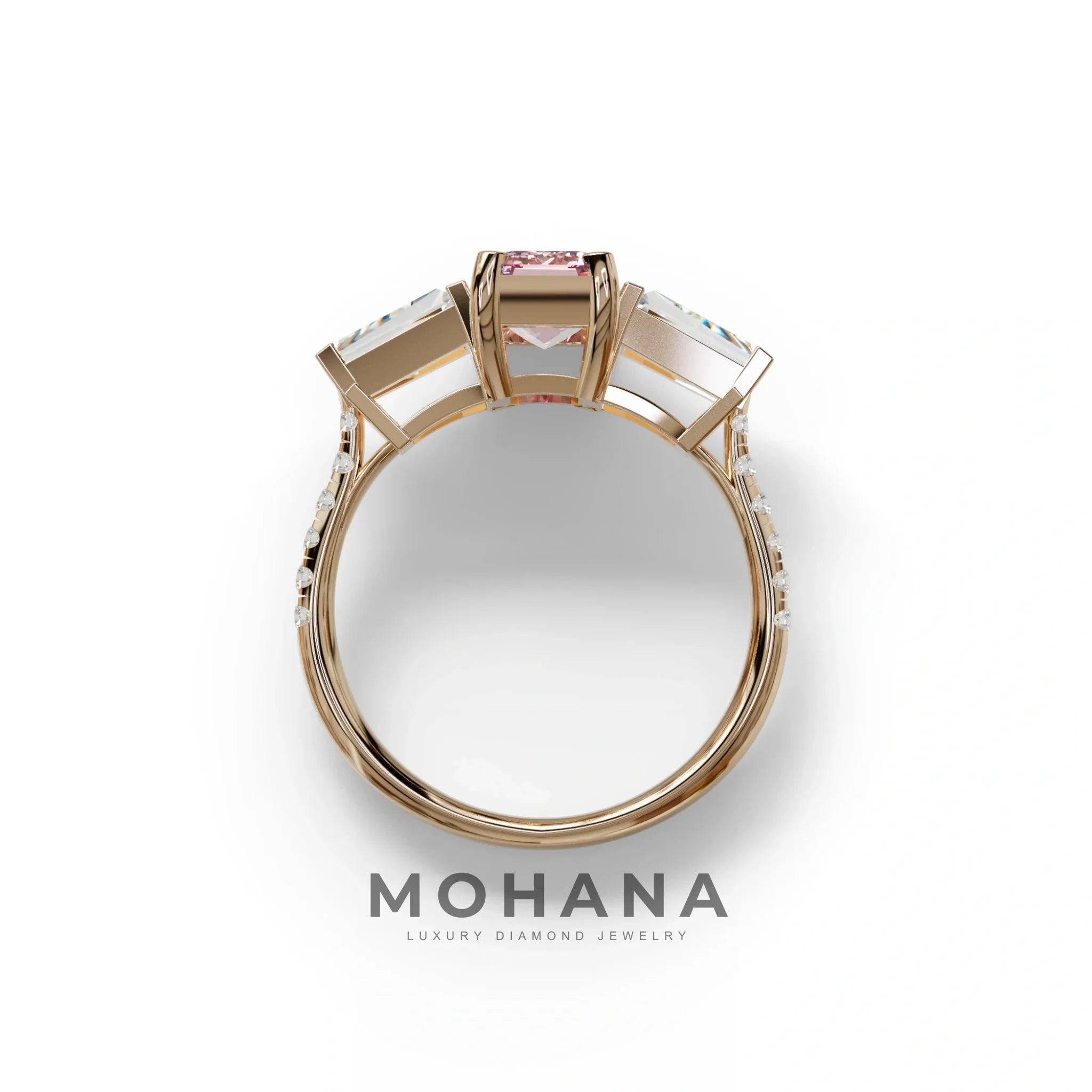 1.50 Carat Pink Emerald with Tapered Cut Lab Grown Diamond Ring - Libra