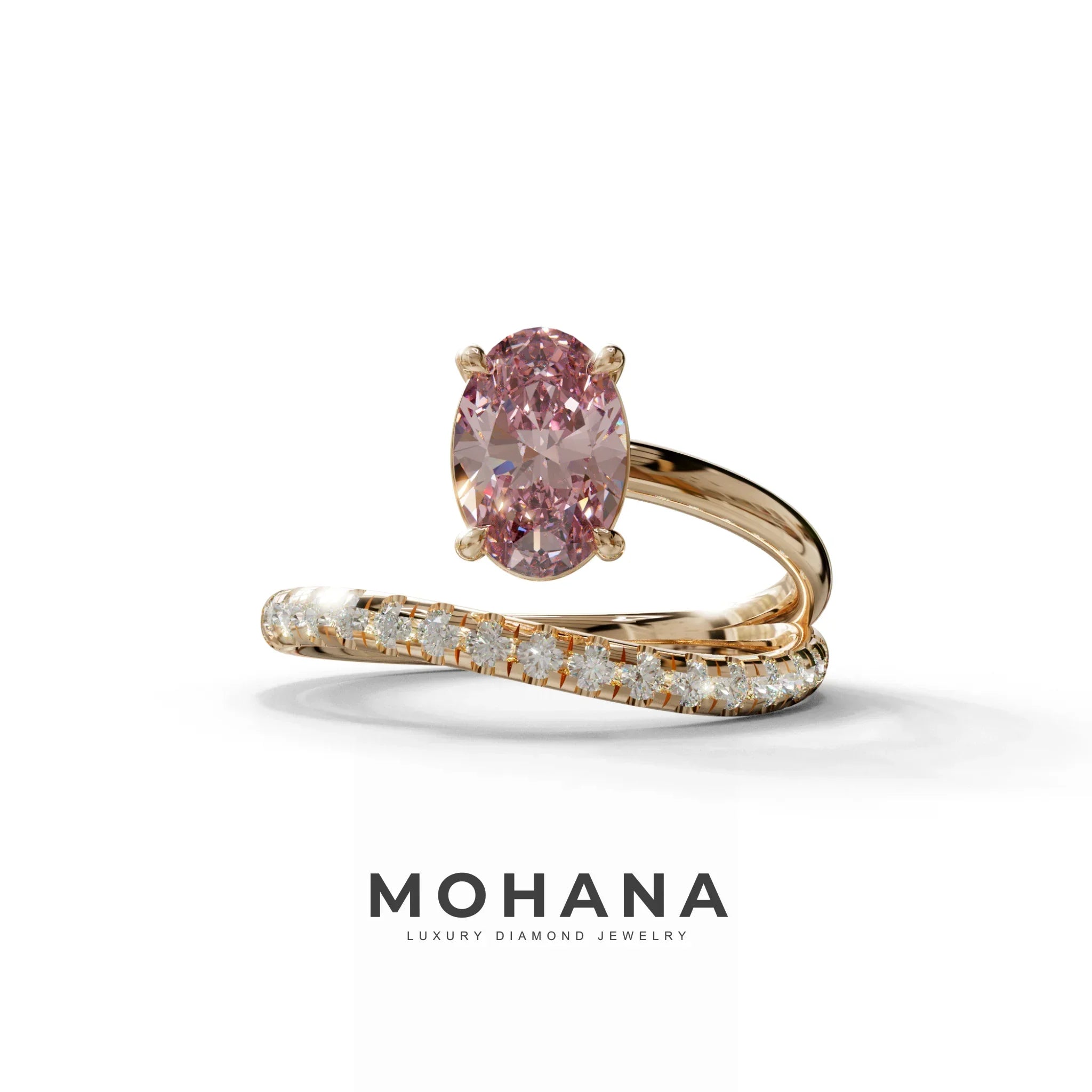 1.5 Carat S-Curve Pink Oval Diamond Pave-set Diamond Ring - Bypass - 10K Solid Gold / Rose Gold