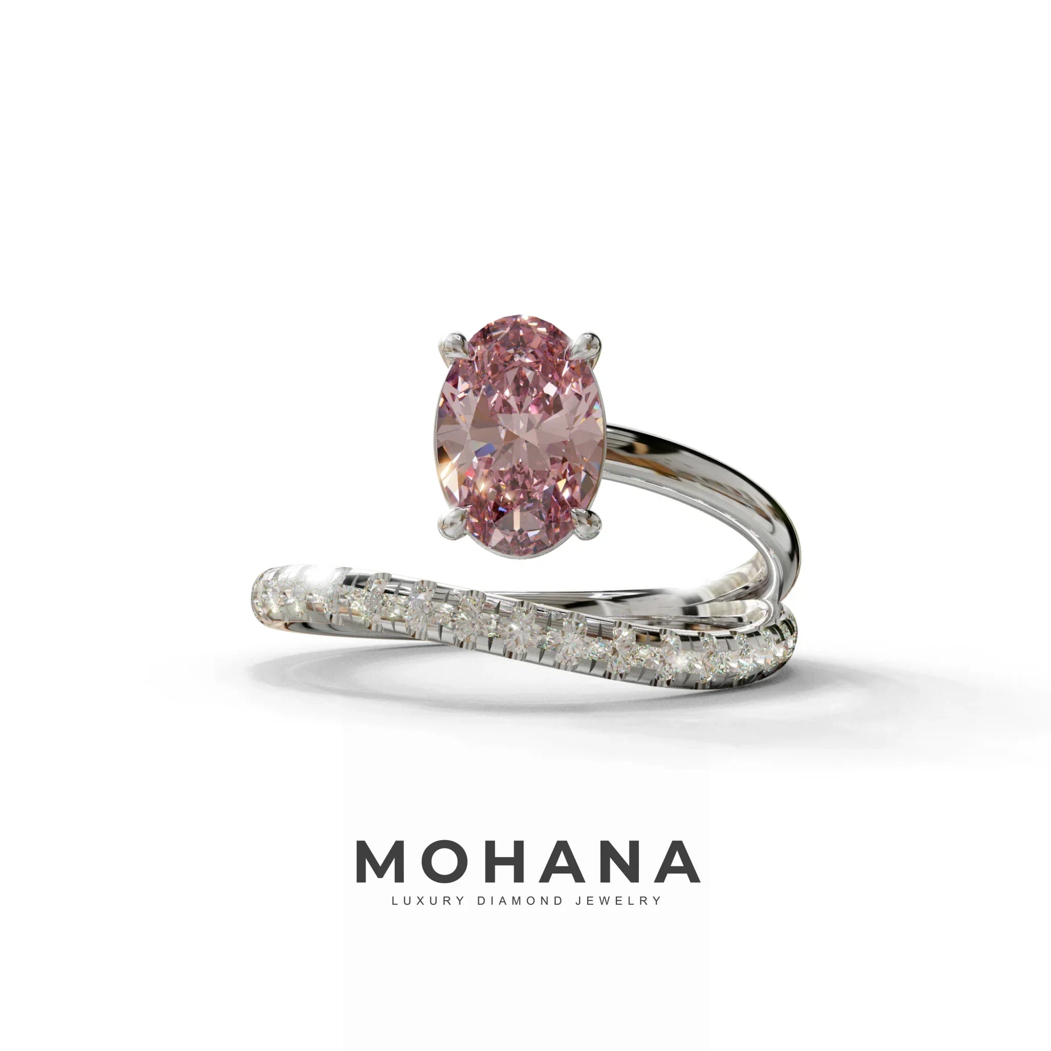 1.5 Carat S-Curve Pink Oval Diamond Pave-set Diamond Ring - Bypass - 10K Solid Gold / White Gold