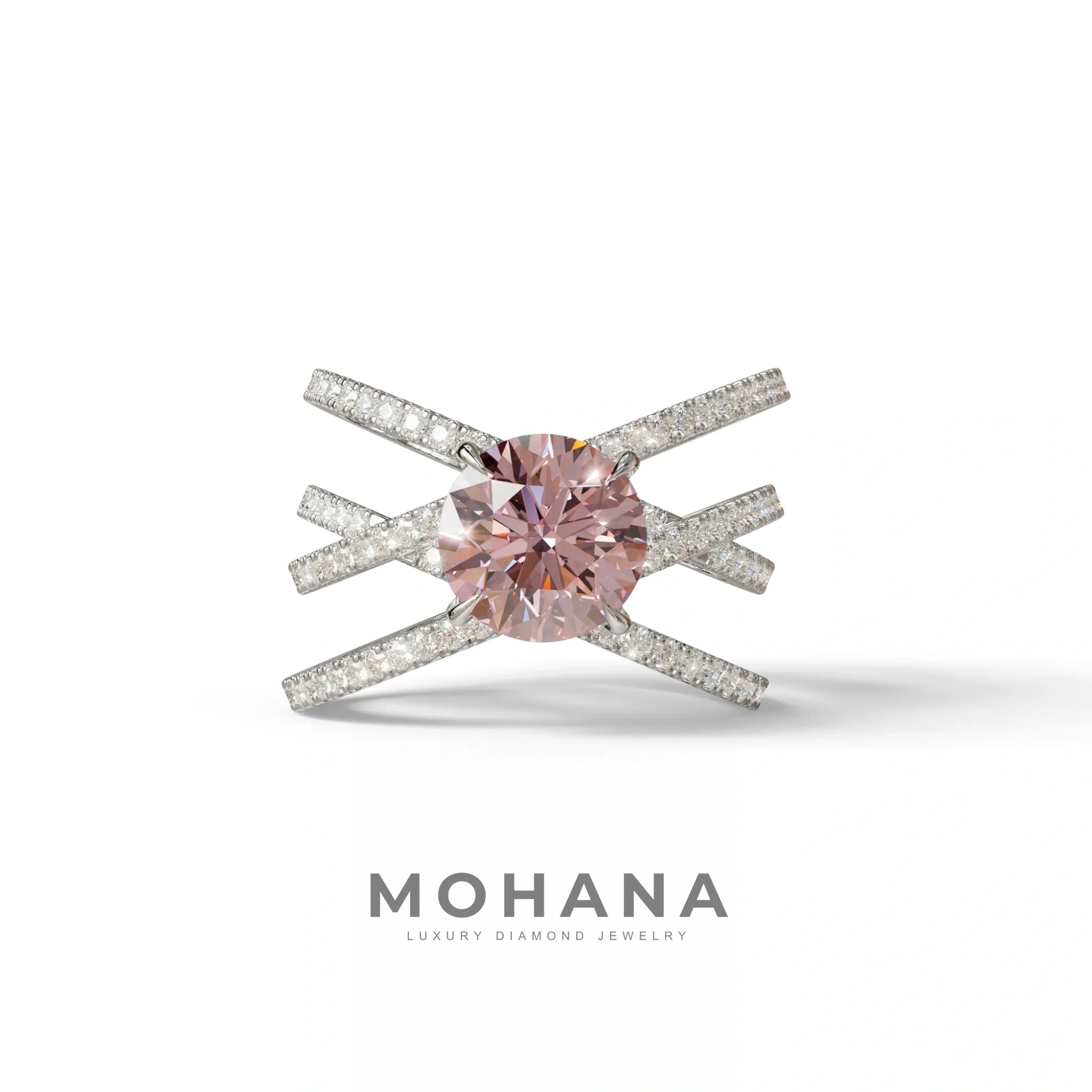 1.5 Carat Pink Round Cut Criss Cross Lab Diamond Ring - Elegant - 10K Solid Gold / White Gold