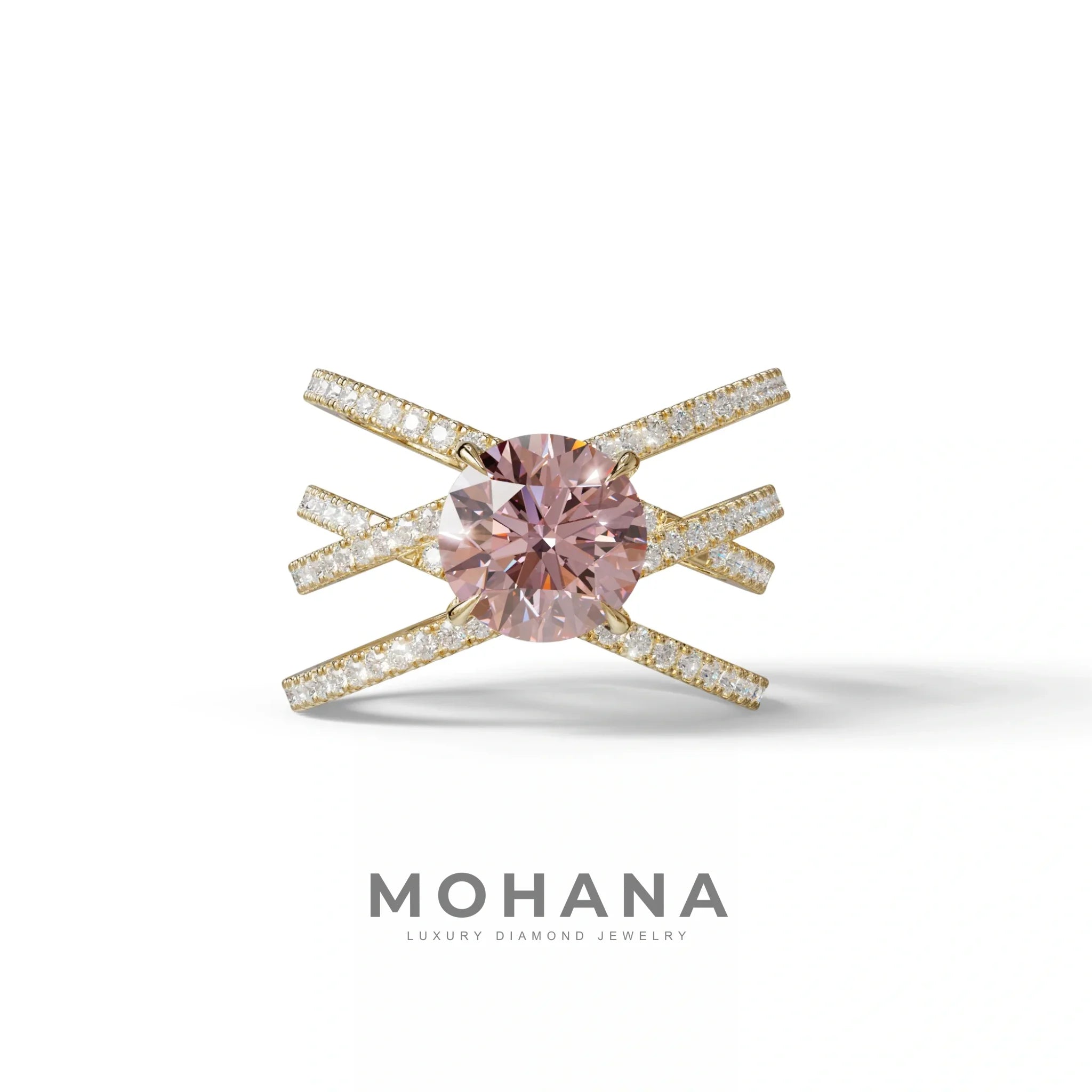 1.5 Carat Pink Round Cut Criss Cross Lab Diamond Ring - Elegant - 10K Solid Gold / Yellow Gold