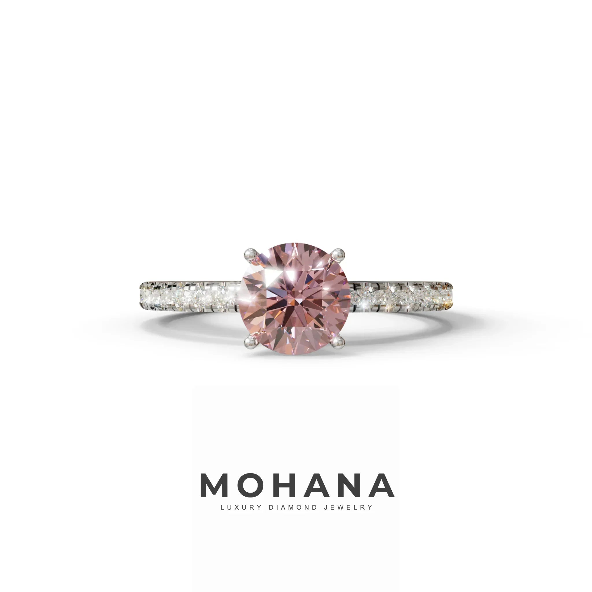 1.5 Carat Pink Round Lab Diamond Ring - Classic Pave Set Ring - 10K Solid Gold / White Gold