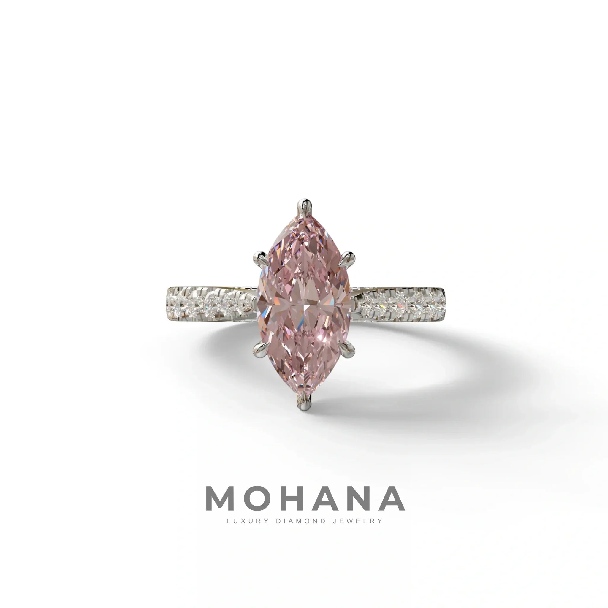 1.5 Carat Pink Marquise Cut Lab Diamond Hidden Halo & Pave Ring - Ash - 10K Solid Gold / White Gold