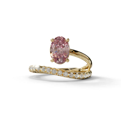 1.5 Carat S-Curve Pink Oval Diamond Pave-set Diamond Ring - Bypass - 10K Solid Gold / Yellow Gold