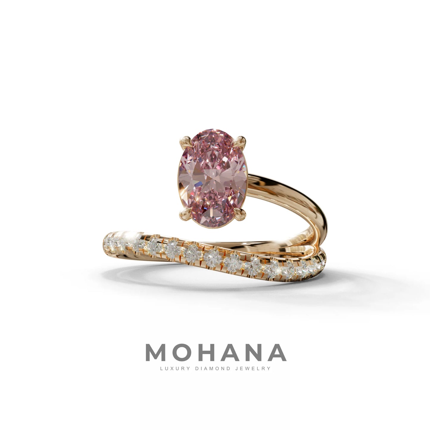 1.5 Carat S-Curve Pink Oval Diamond Pave-set Diamond Ring - Bypass - 10K Solid Gold / Rose Gold