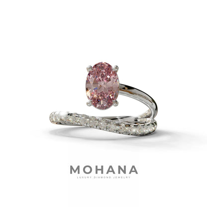 1.5 Carat S-Curve Pink Oval Diamond Pave-set Diamond Ring - Bypass - 10K Solid Gold / White Gold