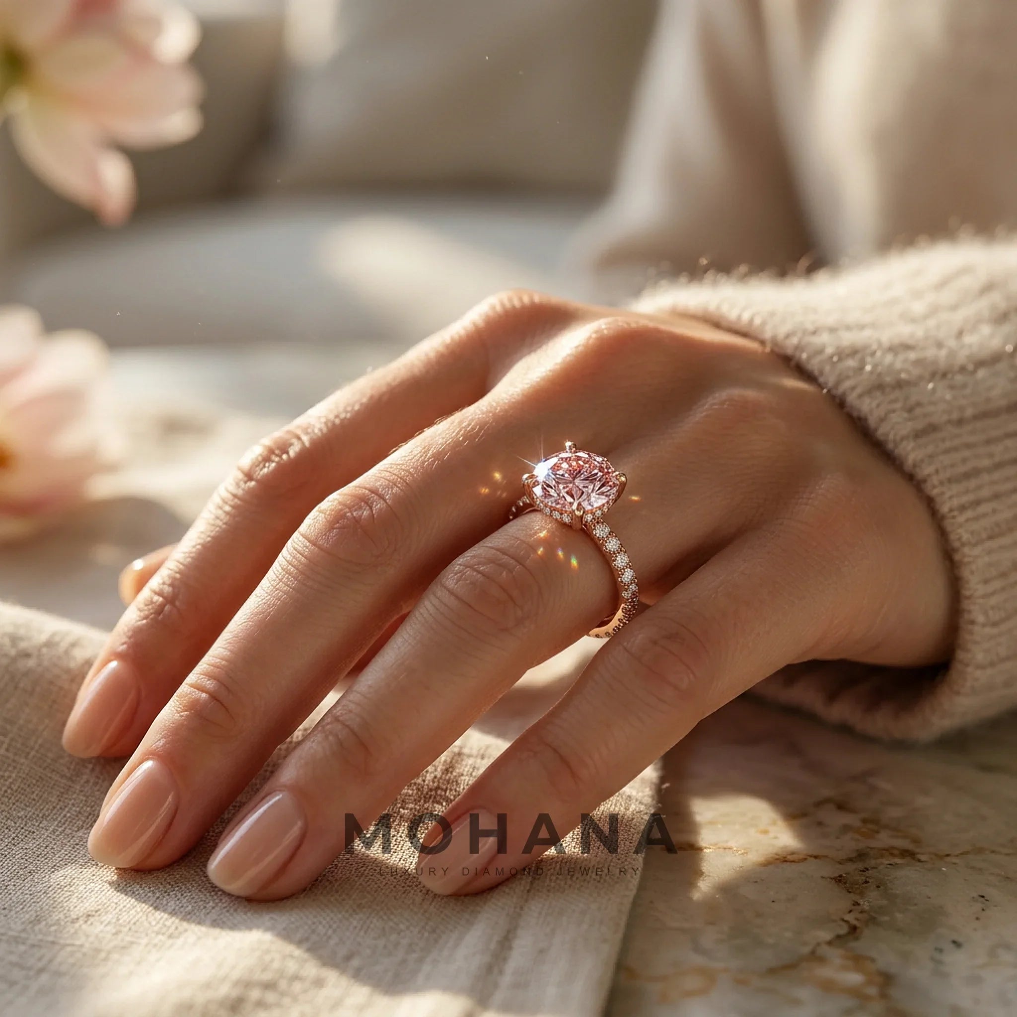 1.5 Carat Pink Round Lab Grown Diamond Engagement Ring Classic Pave Set