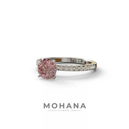 1.5 Carat Pink Round Lab Diamond Ring - Classic Pave Set Ring