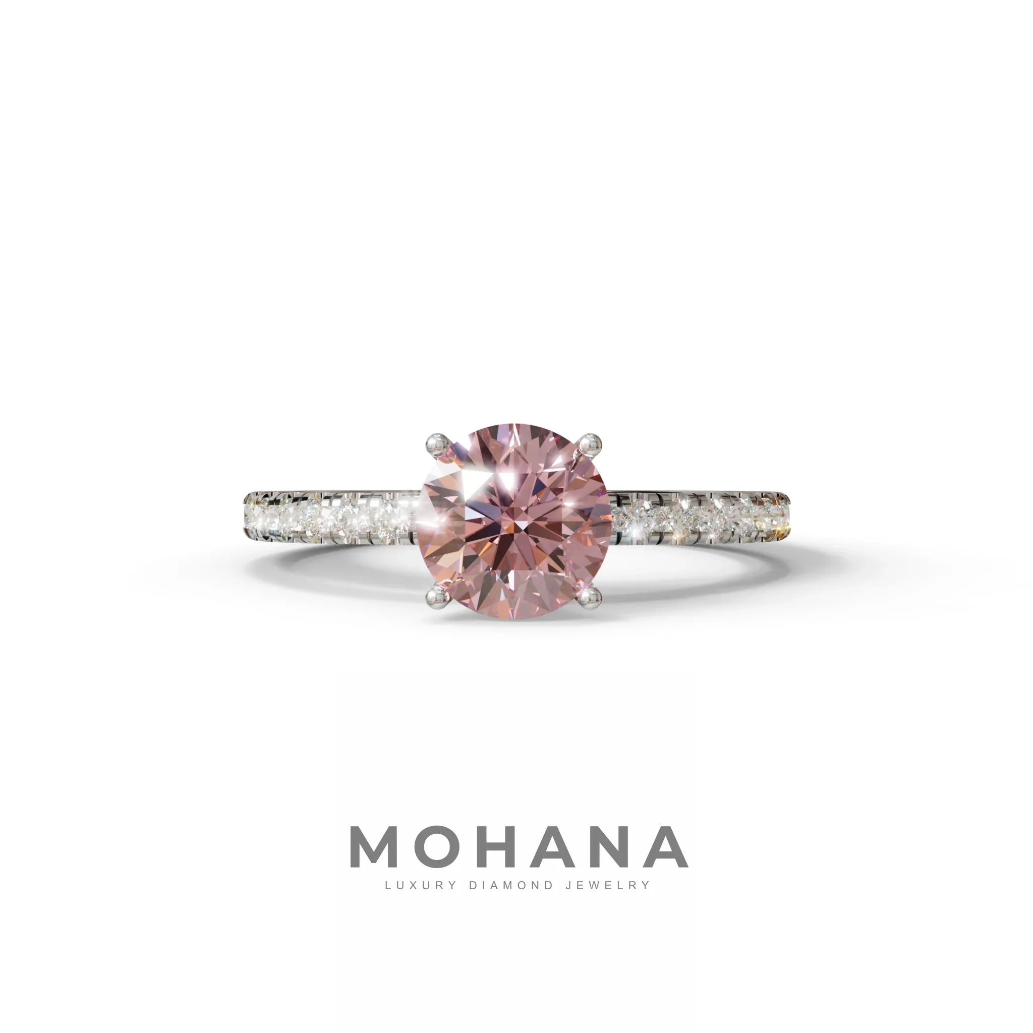1.5 Carat Pink Round Lab Diamond Ring - Classic Pave Set Ring - 10K Solid Gold / White Gold