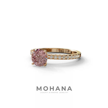1.5 Carat Pink Round Lab Diamond Ring - Classic Pave Set Ring
