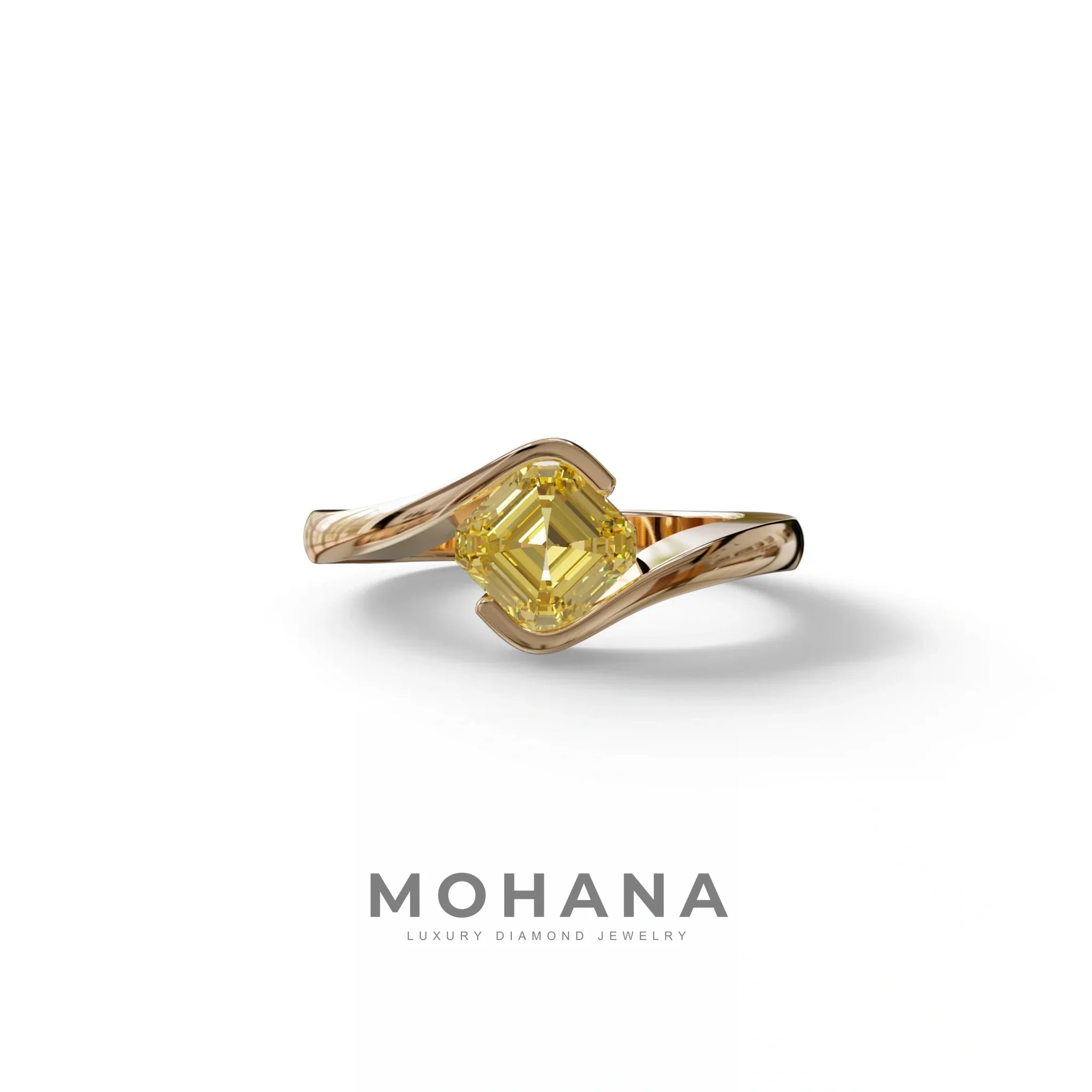 1.5 Carat Yellow Asscher Cut Half Bezel Lab Grown Diamond Ring - Aquarius - 10K Solid Gold / Rose Gold