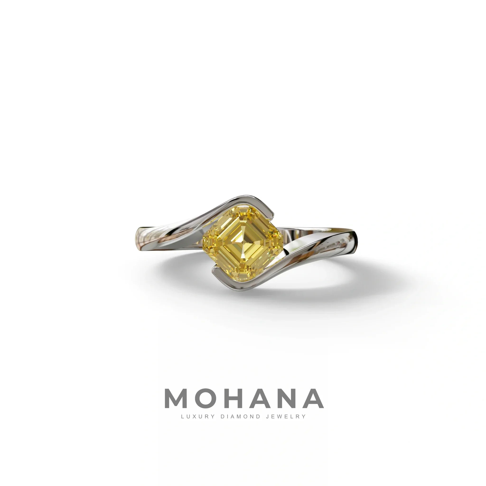 1.5 Carat Yellow Asscher Cut Half Bezel Lab Grown Diamond Ring - Aquarius - 10K Solid Gold / White Gold