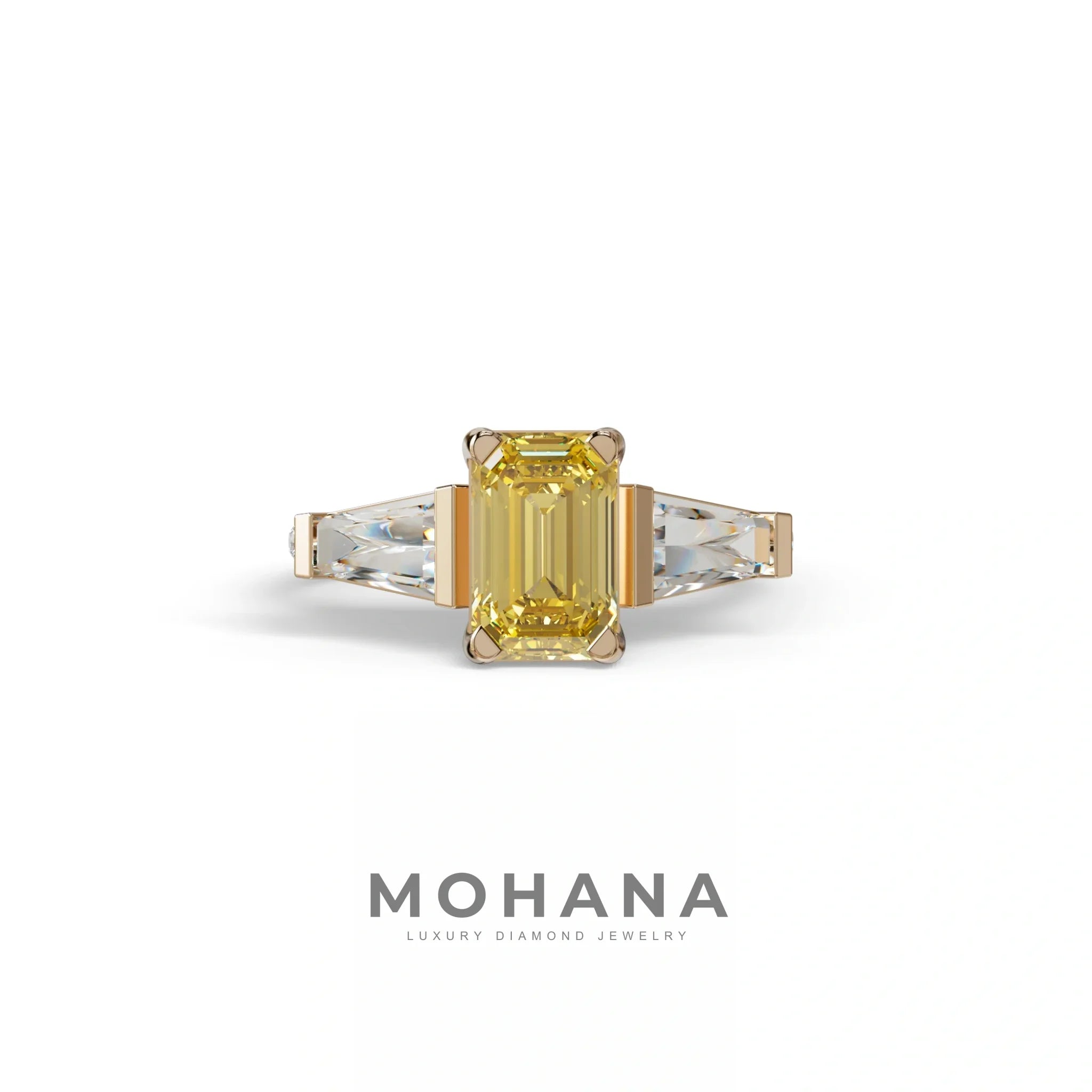 1.50 Carat Yellow Emerald with Tapered Cut Lab Grown Diamond Ring - Libra - 10K Solid Gold / Rose Gold