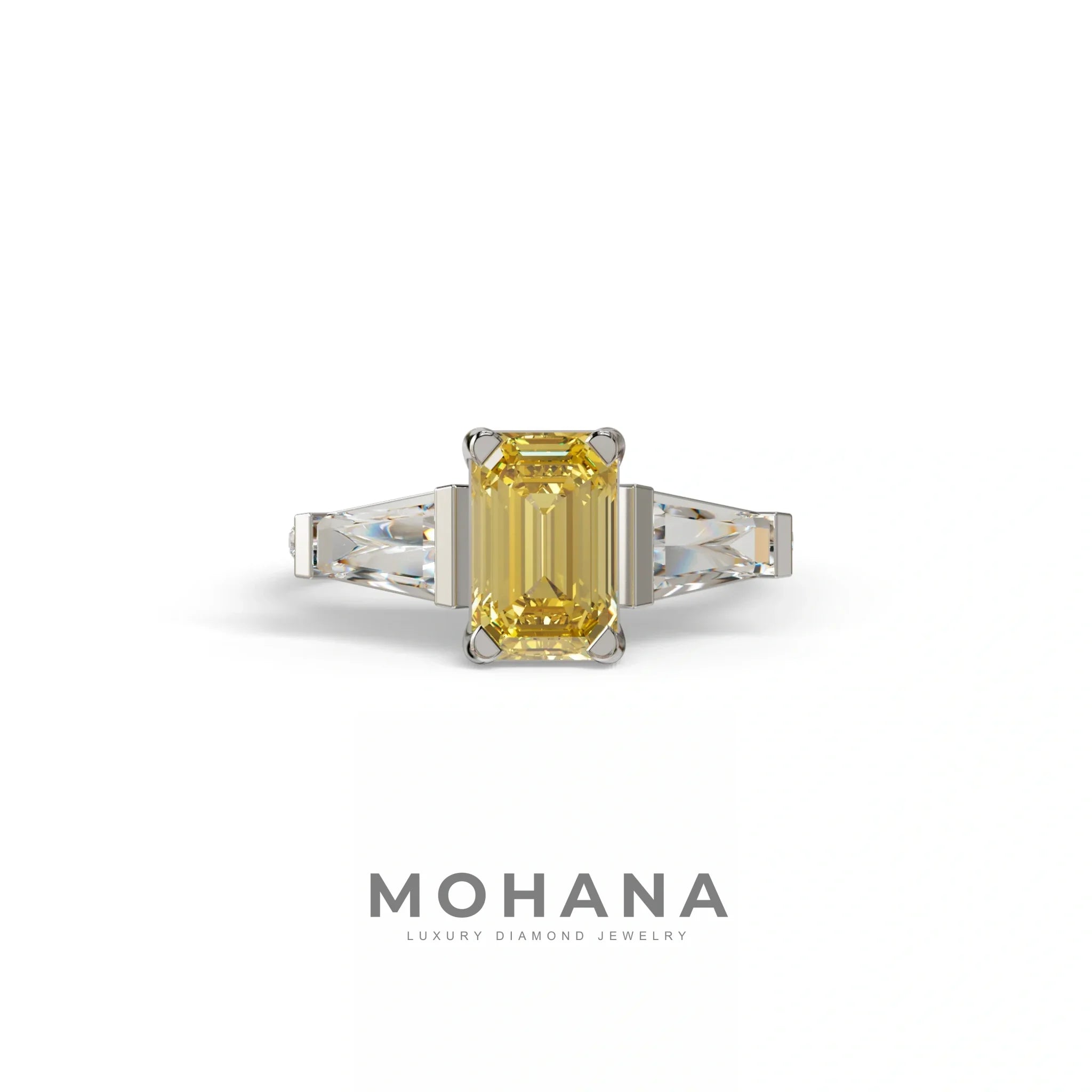 1.50 Carat Yellow Emerald with Tapered Cut Lab Grown Diamond Ring - Libra - 10K Solid Gold / White Gold