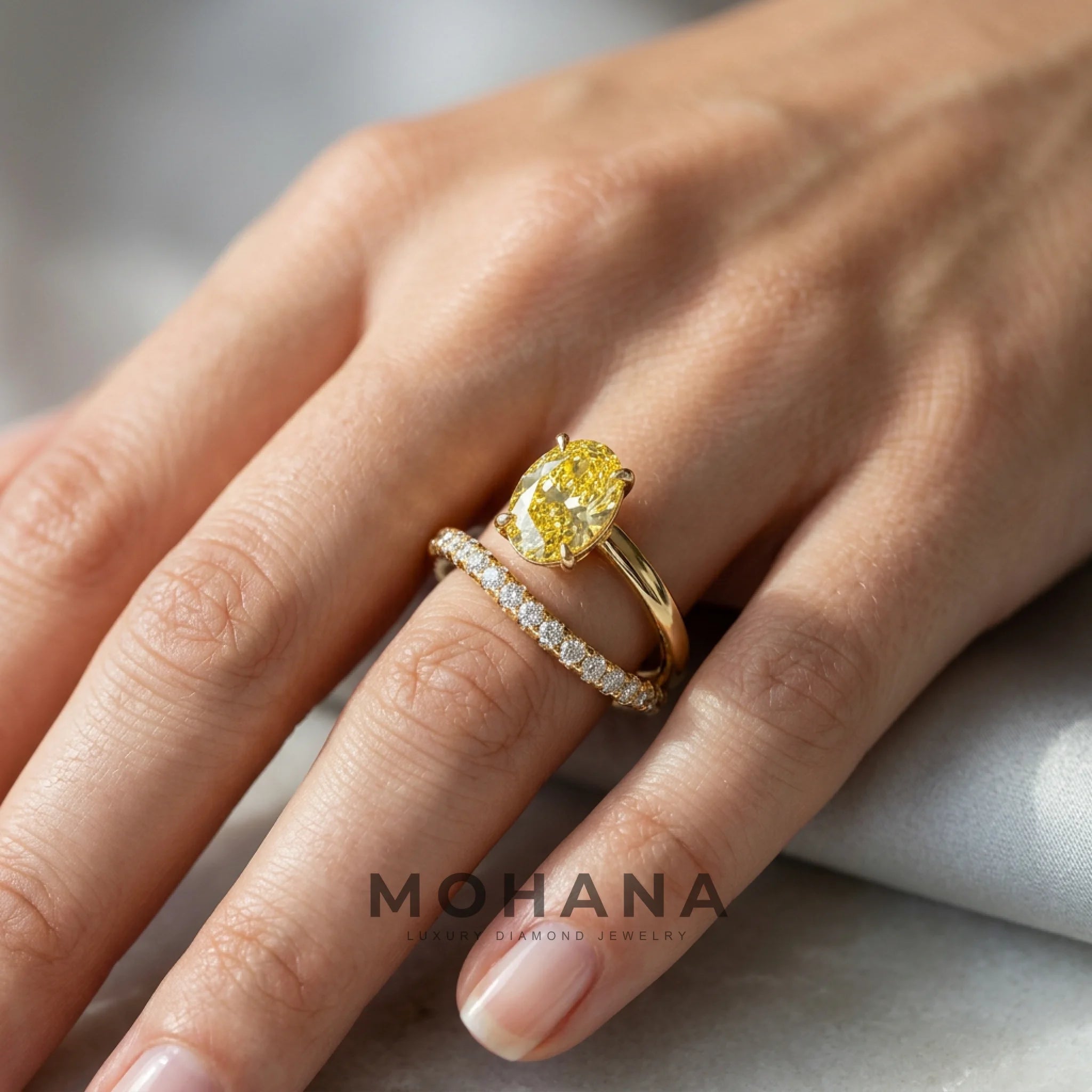 1.5 Carat Yellow Oval Lab Diamond S-Curve Bypass Ring | Pavé Band