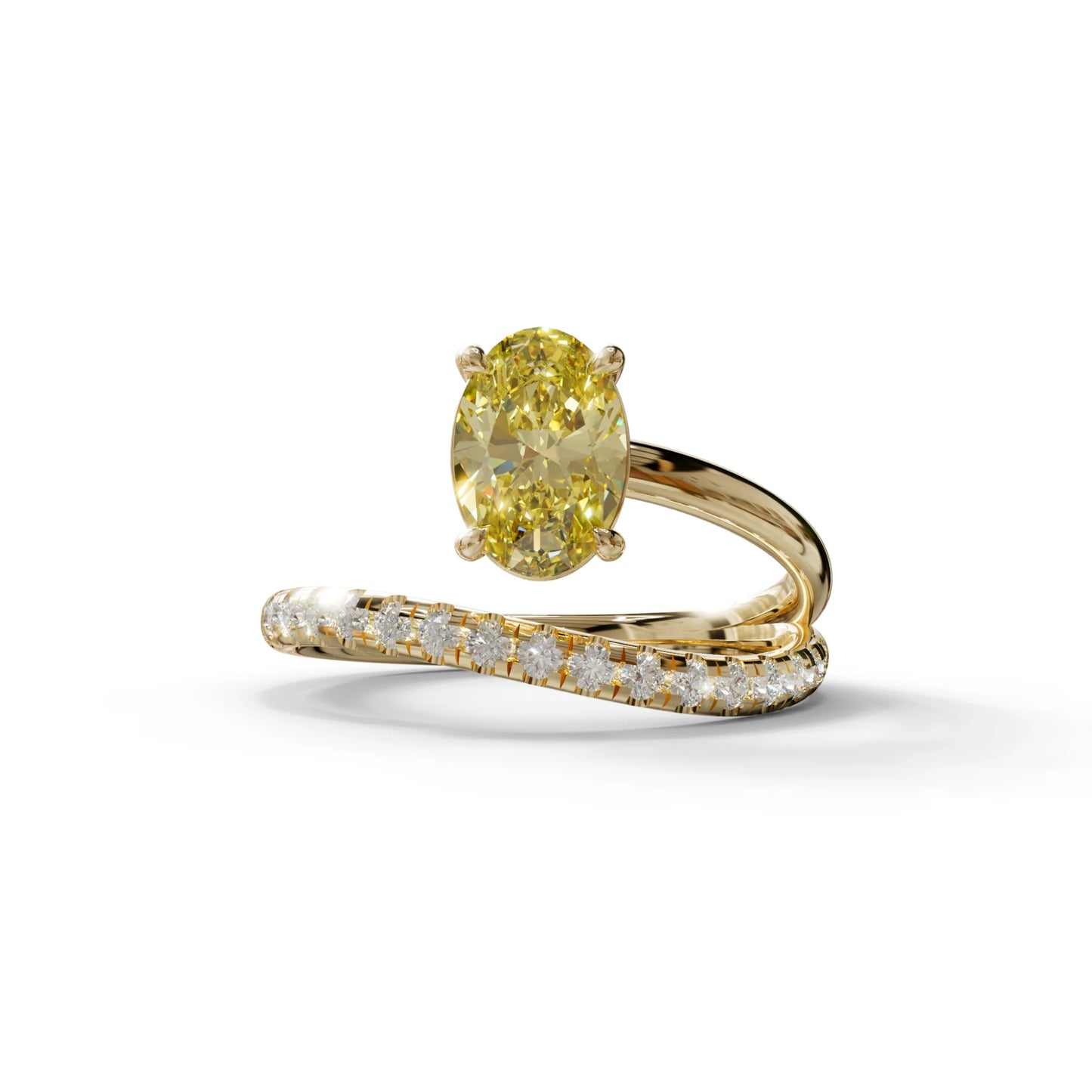 1.5 Carat S-Curve Yellow Oval Diamond Pave-set Diamond Ring - Bypass - 10K Solid Gold / Yellow Gold
