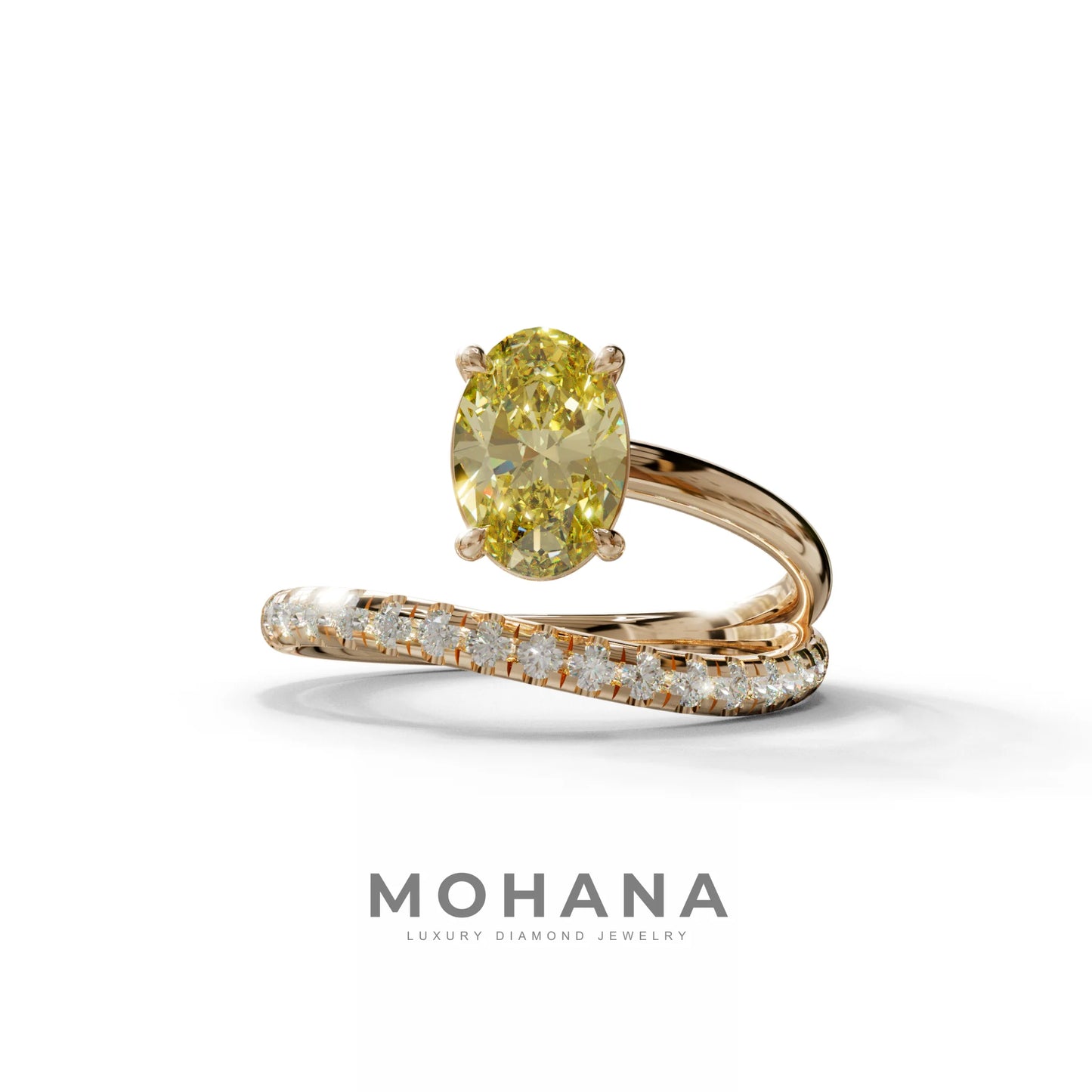 1.5 Carat S-Curve Yellow Oval Diamond Pave-set Diamond Ring - Bypass - 10K Solid Gold / Rose Gold