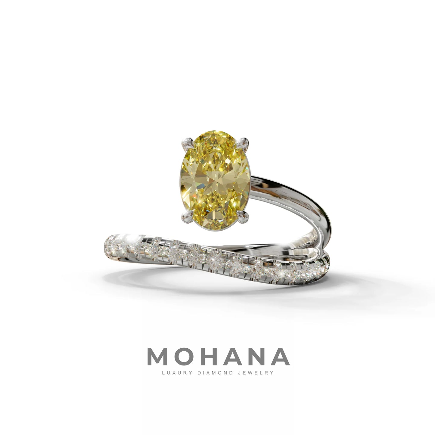 1.5 Carat S-Curve Yellow Oval Diamond Pave-set Diamond Ring - Bypass - 10K Solid Gold / White Gold