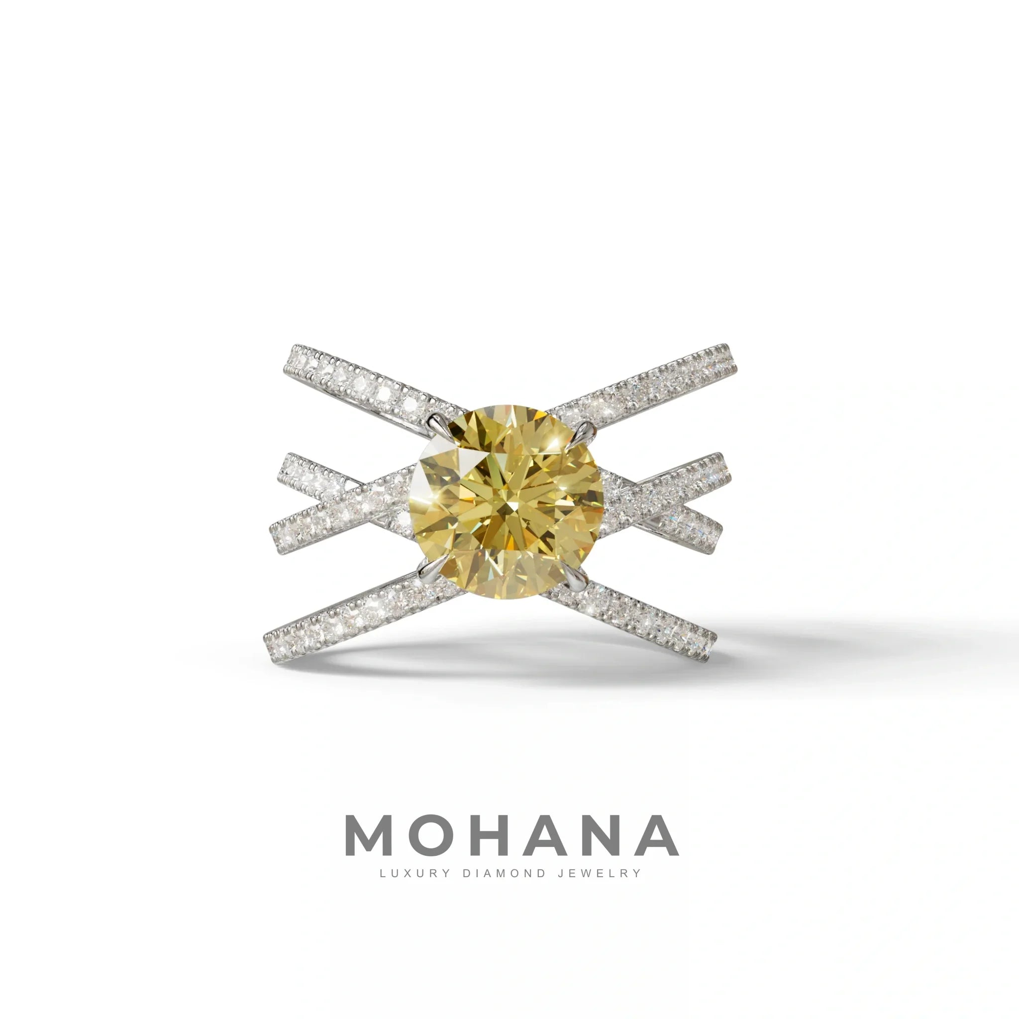 1.5 Carat Yellow Round Cut Criss Cross Lab Diamond Ring - Elegant - 10K Solid Gold / White Gold