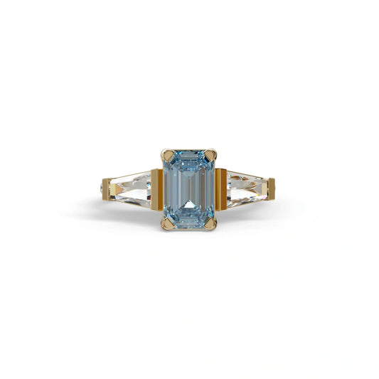 1.50 Carat Blue Emerald with Tapered Cut Lab Grown Diamond Ring - Libra - 10K Solid Gold / Yellow Gold