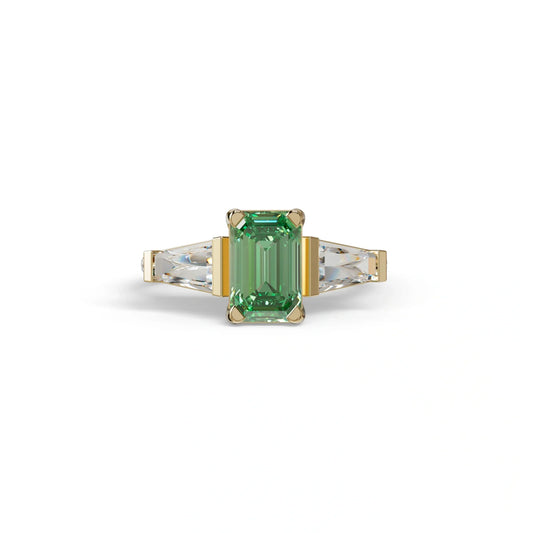 1.50 Carat Green Emerald with Tapered Cut Lab Grown Diamond Ring - Libra - 10K Solid Gold / Yellow Gold