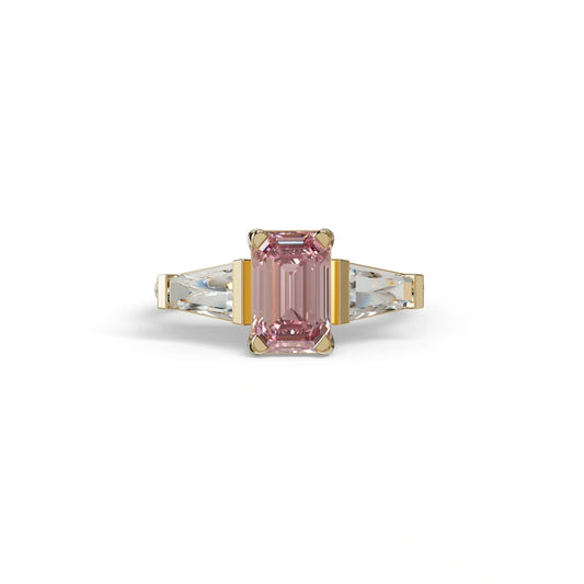 1.50 Carat Pink Emerald with Tapered Cut Lab Grown Diamond Ring - Libra - 10K Solid Gold / Yellow Gold