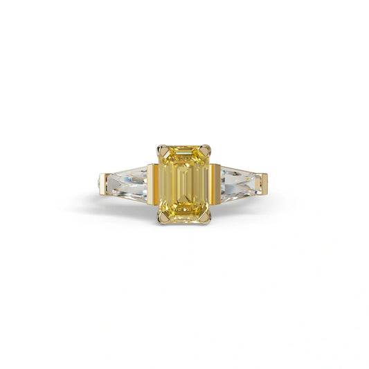 1.50 Carat Yellow Emerald with Tapered Cut Lab Grown Diamond Ring - Libra - 10K Solid Gold / Yellow Gold