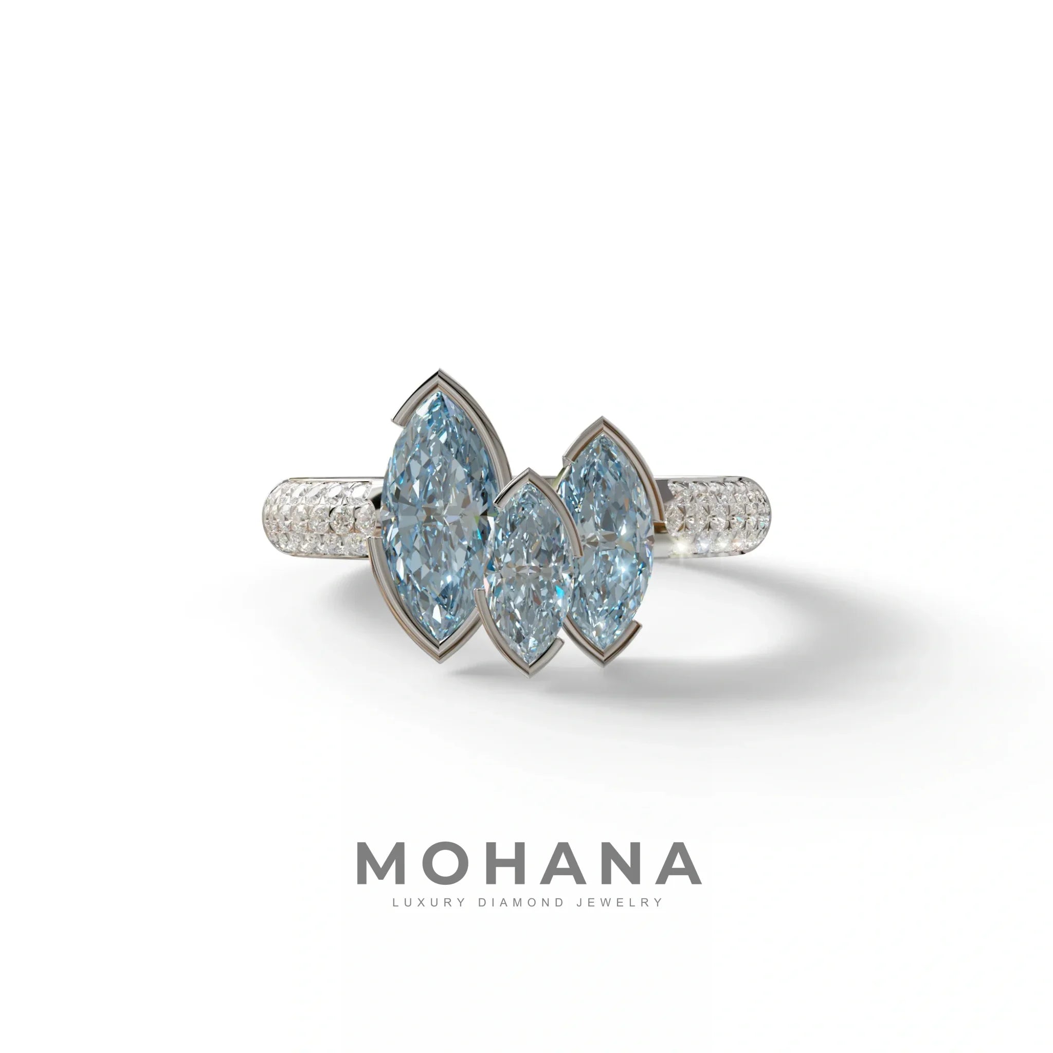 3 Stone 1.75 Ct Blue Marquise Cut Pave Setting Lab Diamond Ring - Dutch - 10K Solid Gold / White Gold
