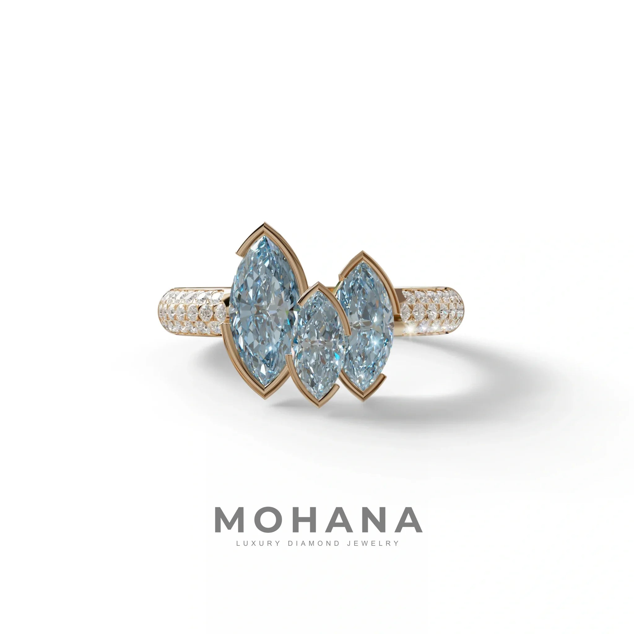 3 Stone 1.75 Ct Blue Marquise Cut Pave Setting Lab Diamond Ring - Dutch - 10K Solid Gold / Rose Gold