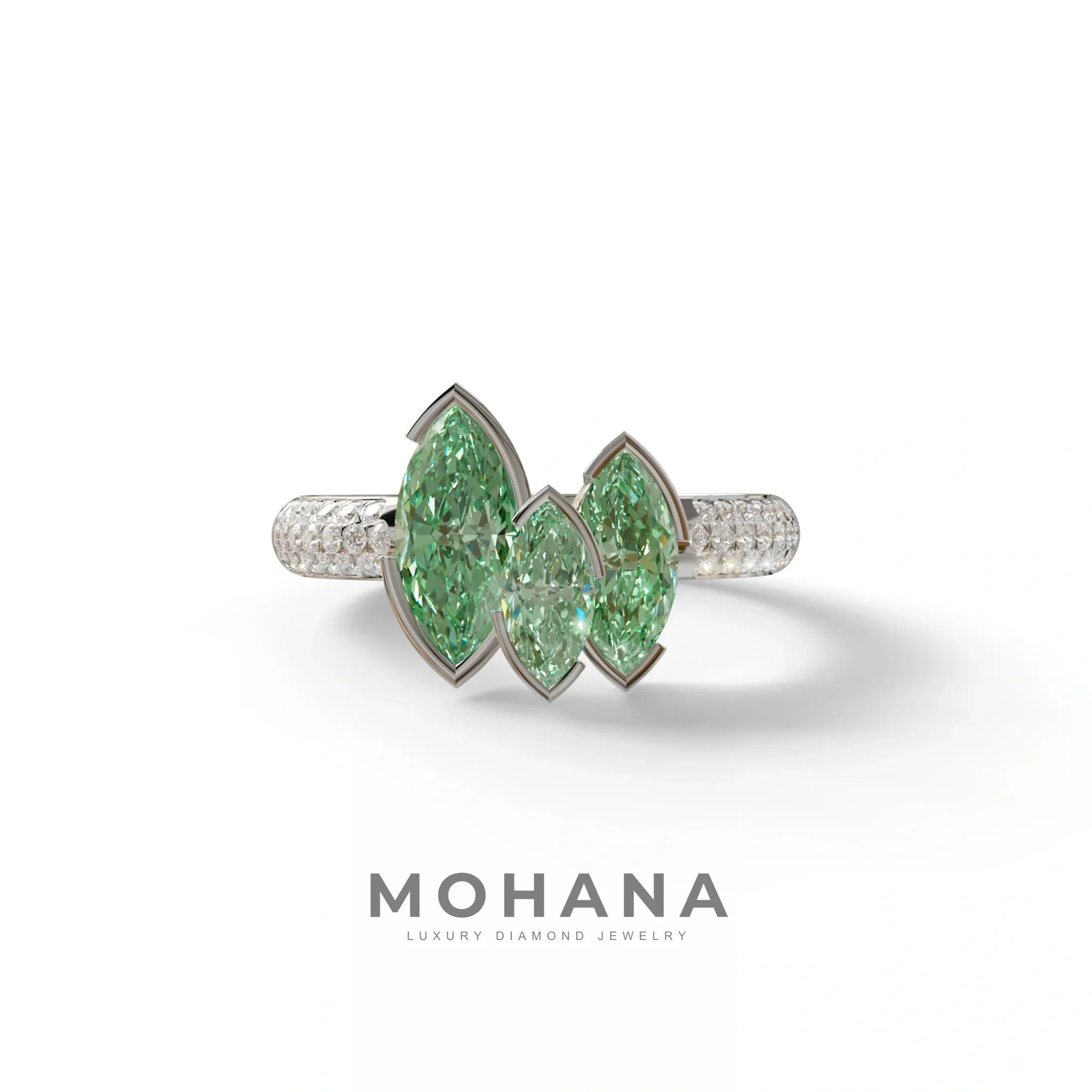 3 Stone 1.75 Ct Green Marquise Cut Pave Setting Lab Diamond Ring - Dutch - 10K Solid Gold / White Gold