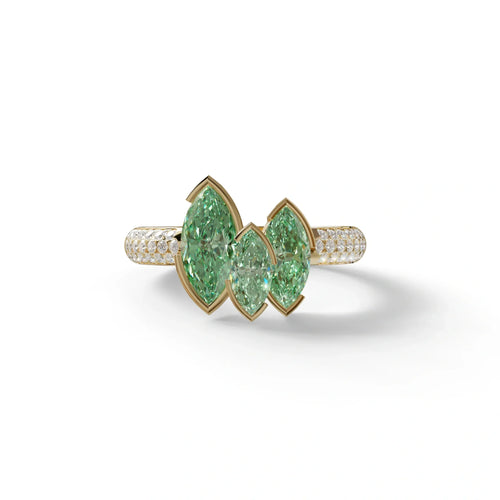 3 Stone 1.75 Ct Green Marquise Cut Pave Setting Lab Diamond Ring - Dutch - 10K Solid Gold / Yellow Gold