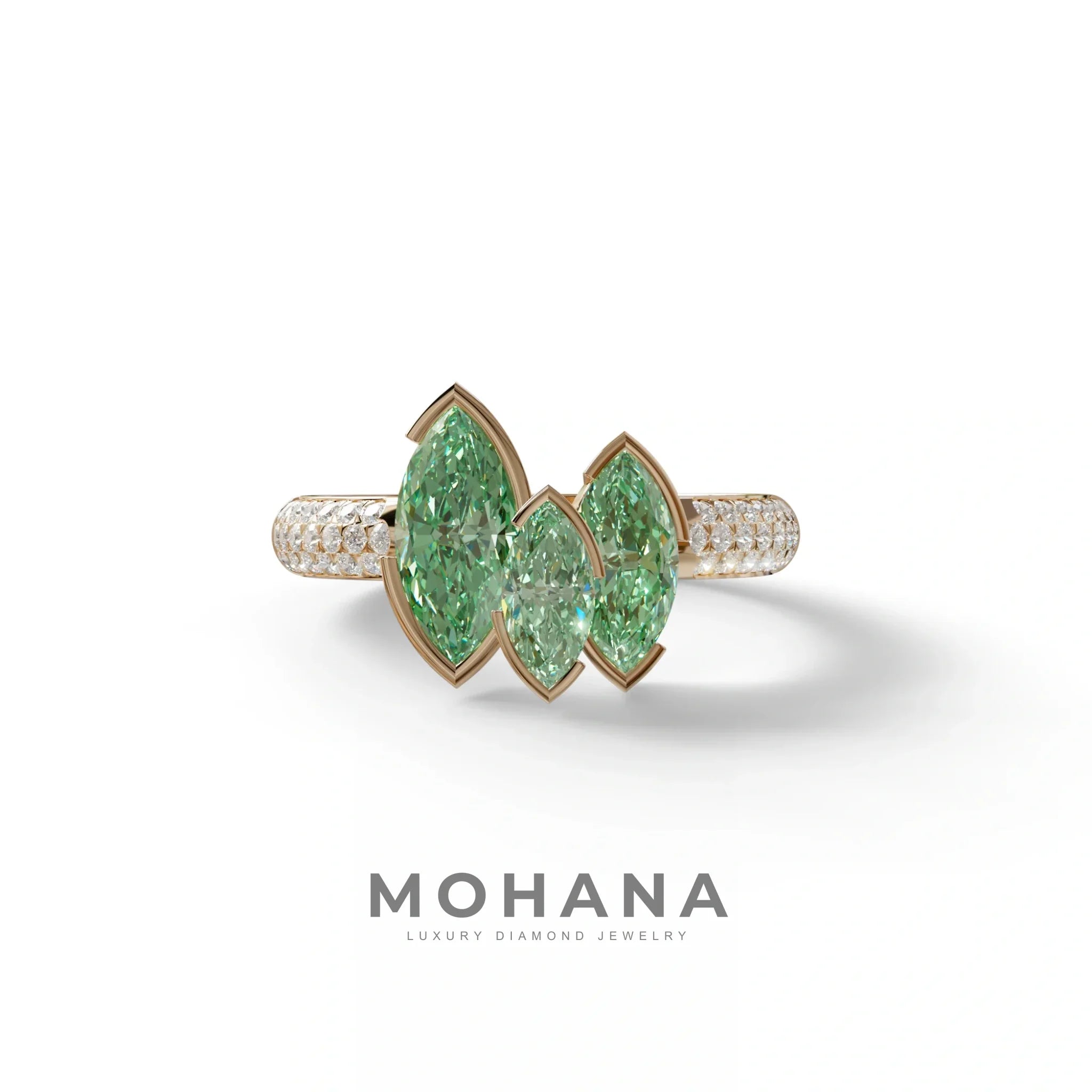 3 Stone 1.75 Ct Green Marquise Cut Pave Setting Lab Diamond Ring - Dutch - 10K Solid Gold / Rose Gold